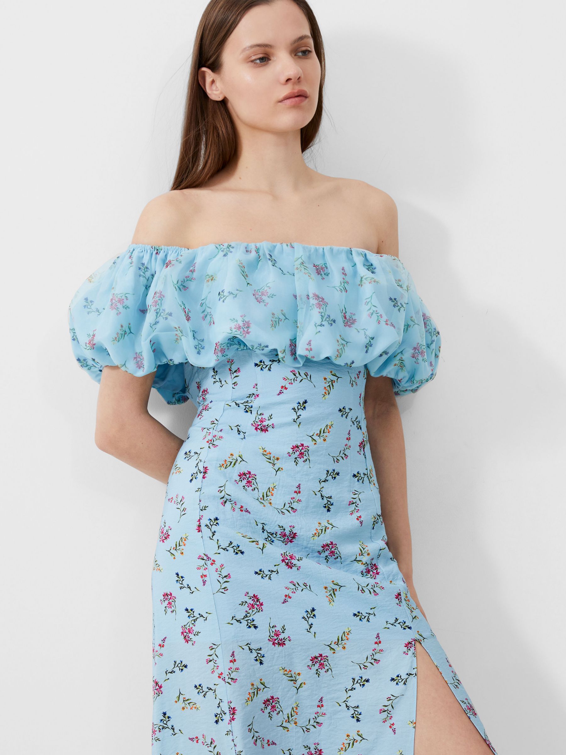 Buy French Connection Floriana Ciarra Organza Bardot Midi Dress, Cashmere Blue Online at johnlewis.com
