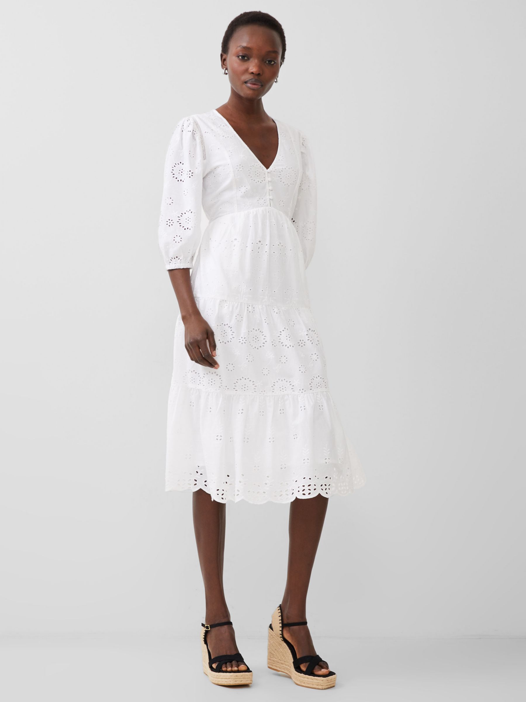 French Connection Broderie Anglaise Midi Dress, Linen White, 18