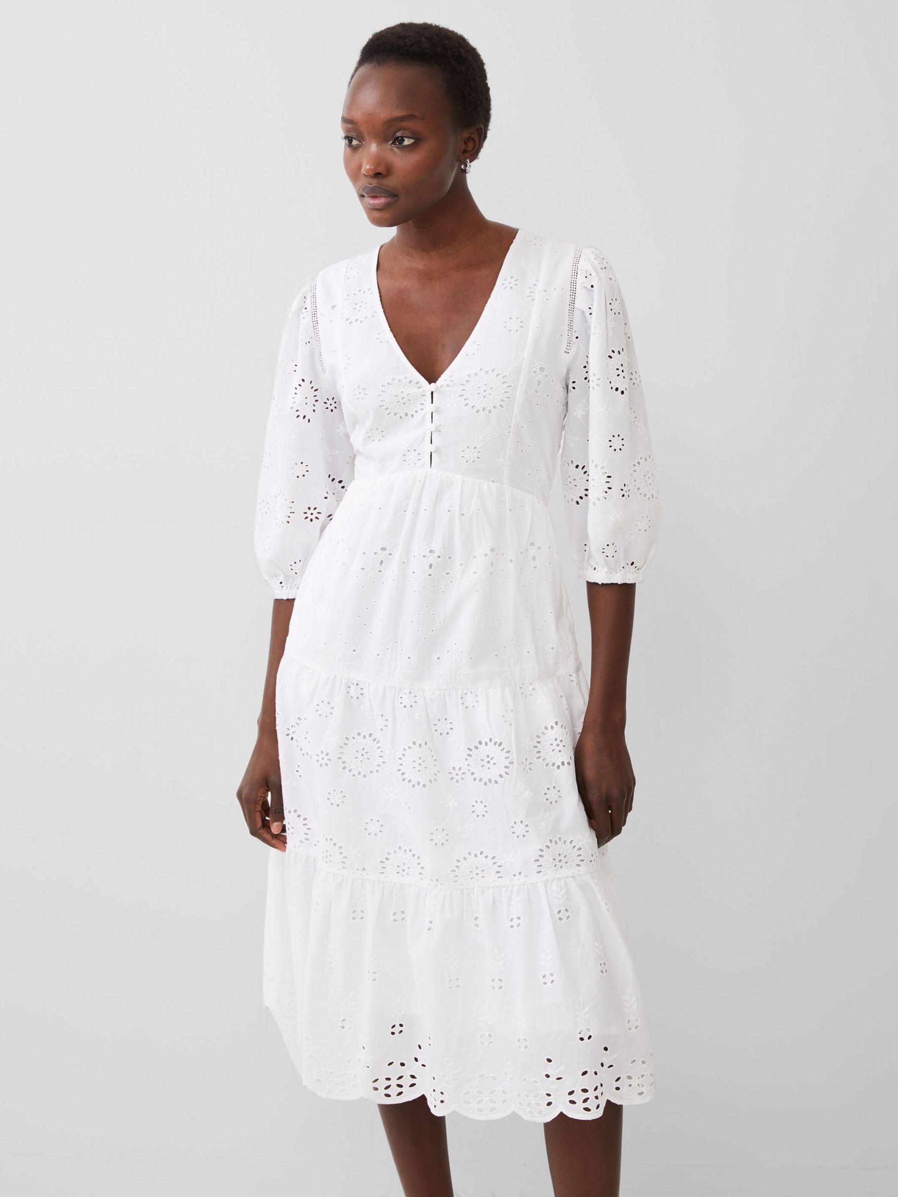 Buy French Connection Broderie Anglaise Midi Dress, Linen White Online at johnlewis.com