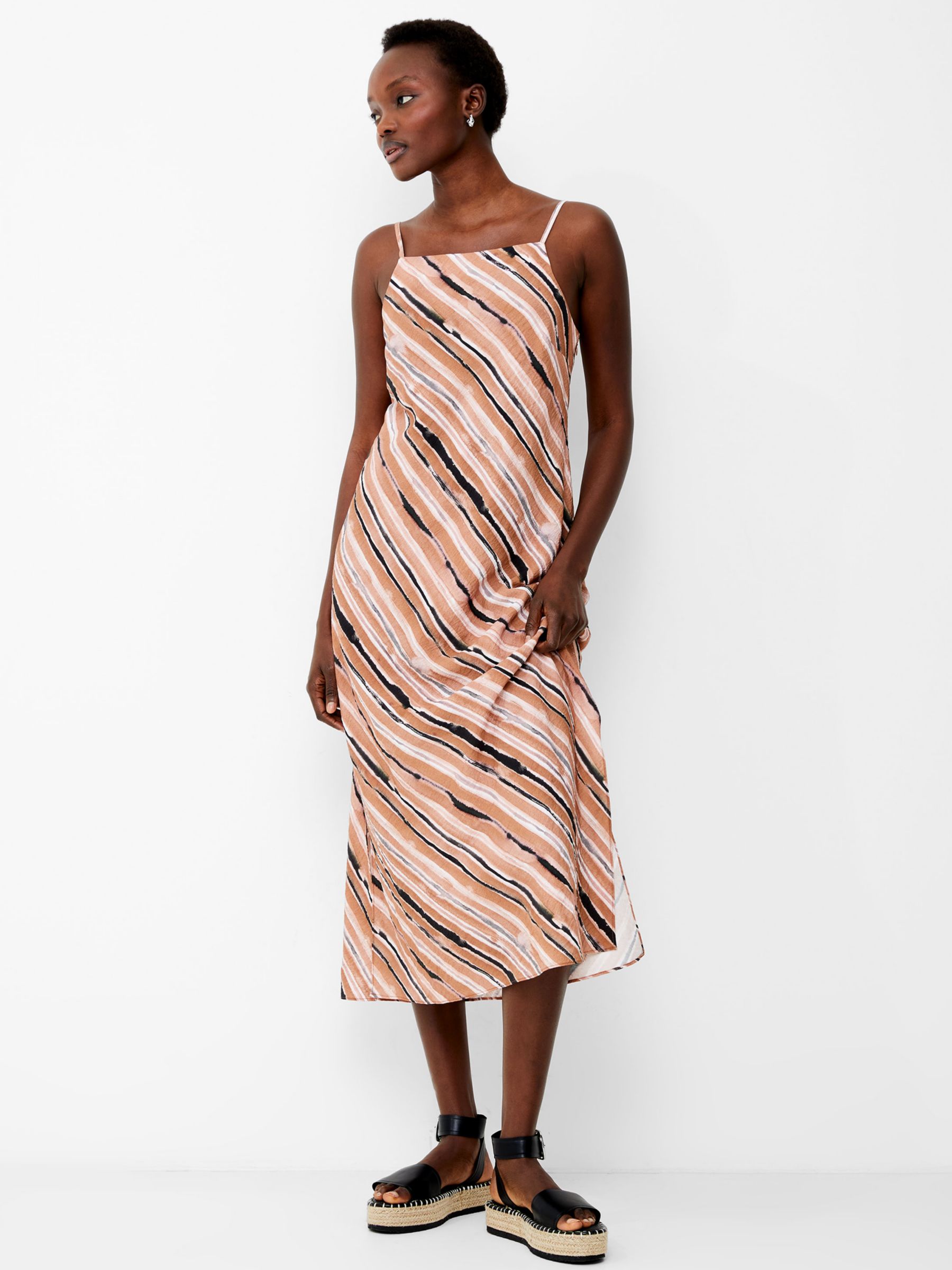 French Connection Gaia Flavia Textured Diagonal  Stripe Midi Dress, Mocha Mousse, 6