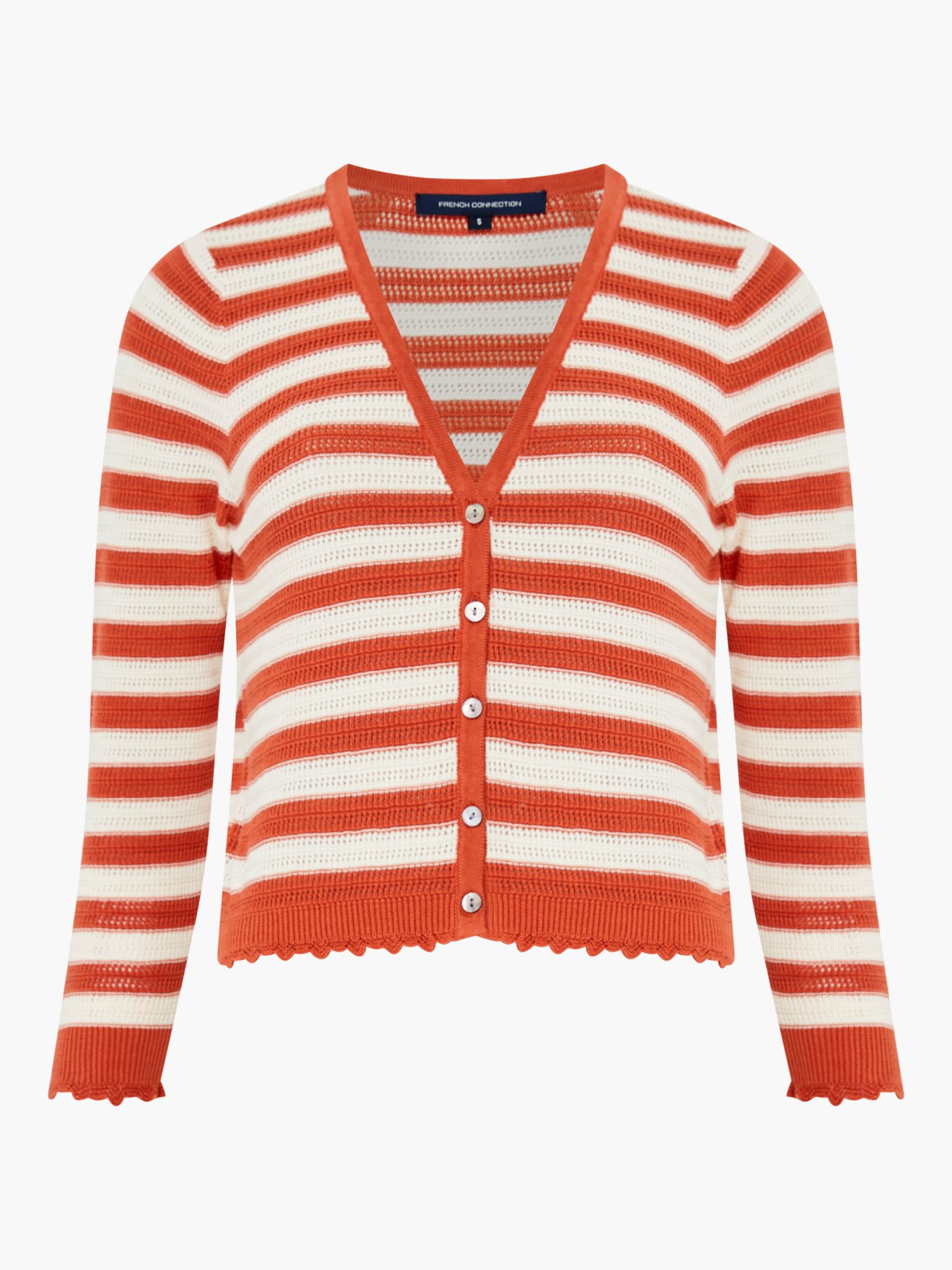 French Connection Nesta Striped Cotton Cardigan, Rosewood/Cream, XS