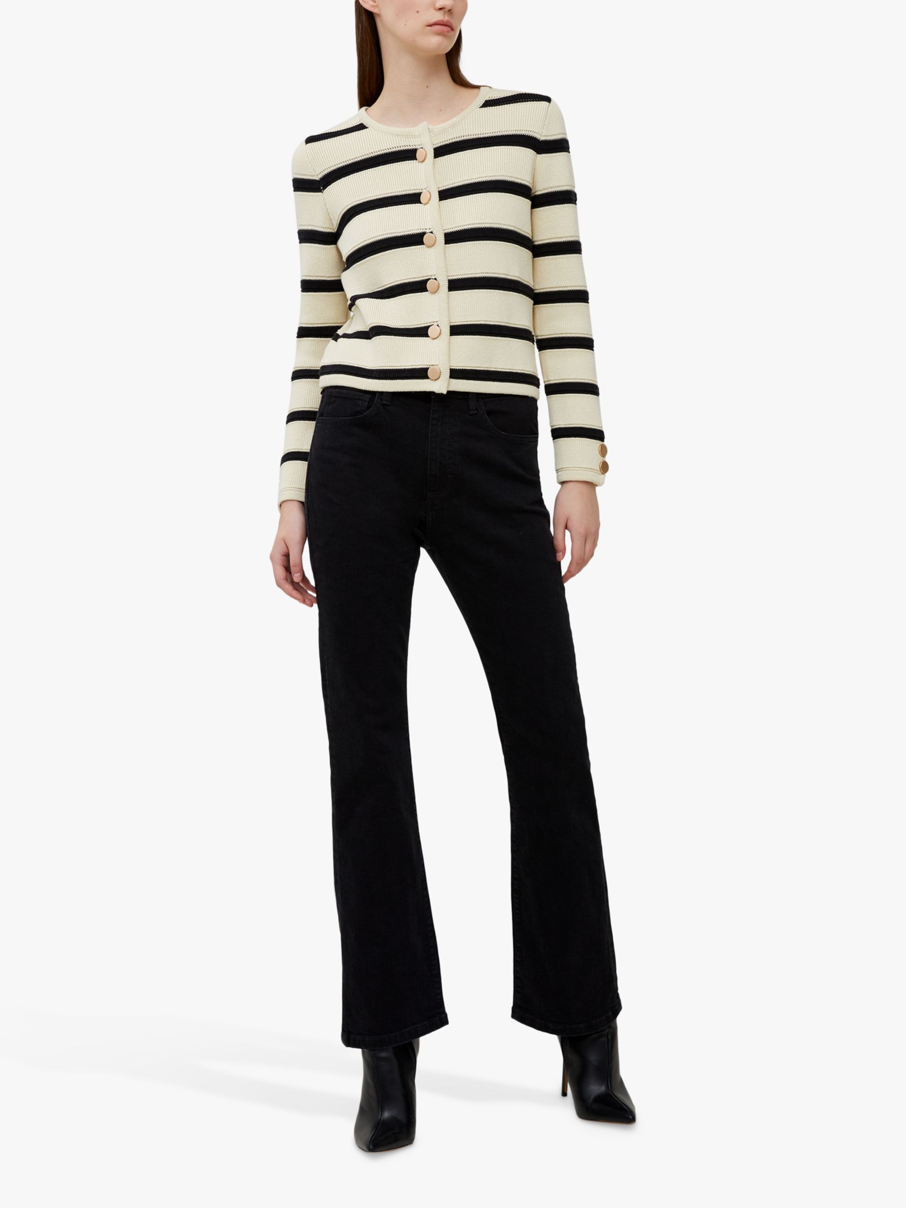 French Connection Marloe Striped Rib Knit Cardigan, Classic Cream/Black, L