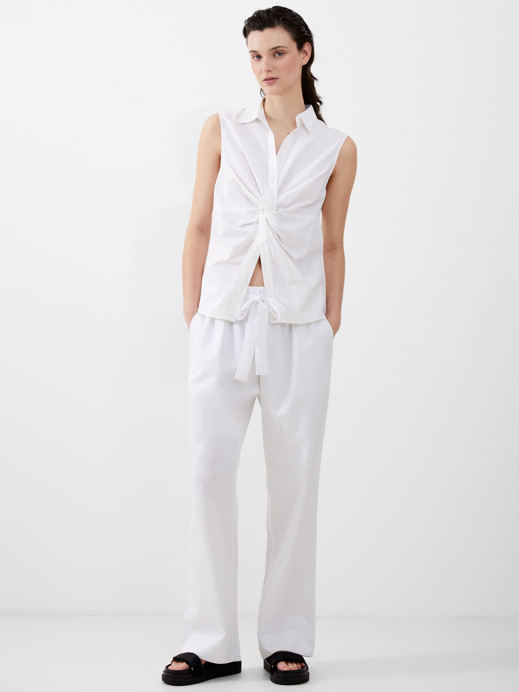 French Connection Aofie Tie Front Linen Blend Shirt, White