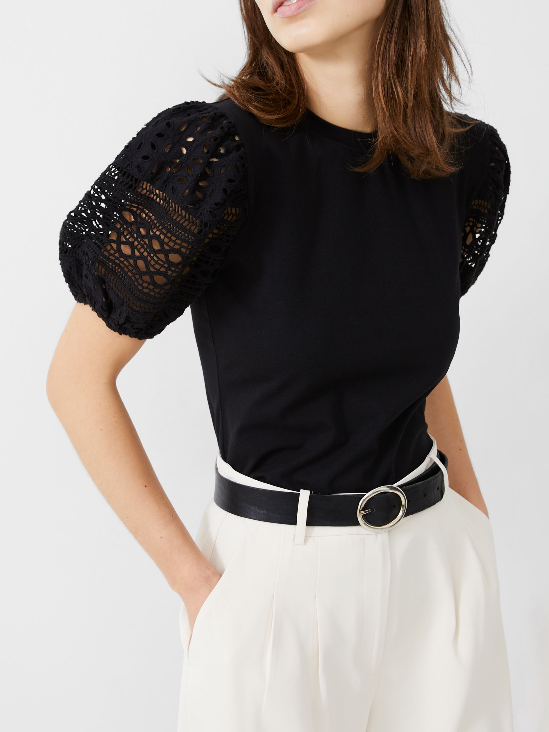 French Connection Rosana Anges Embroidered Sleeve T-Shirt, Blackout, M