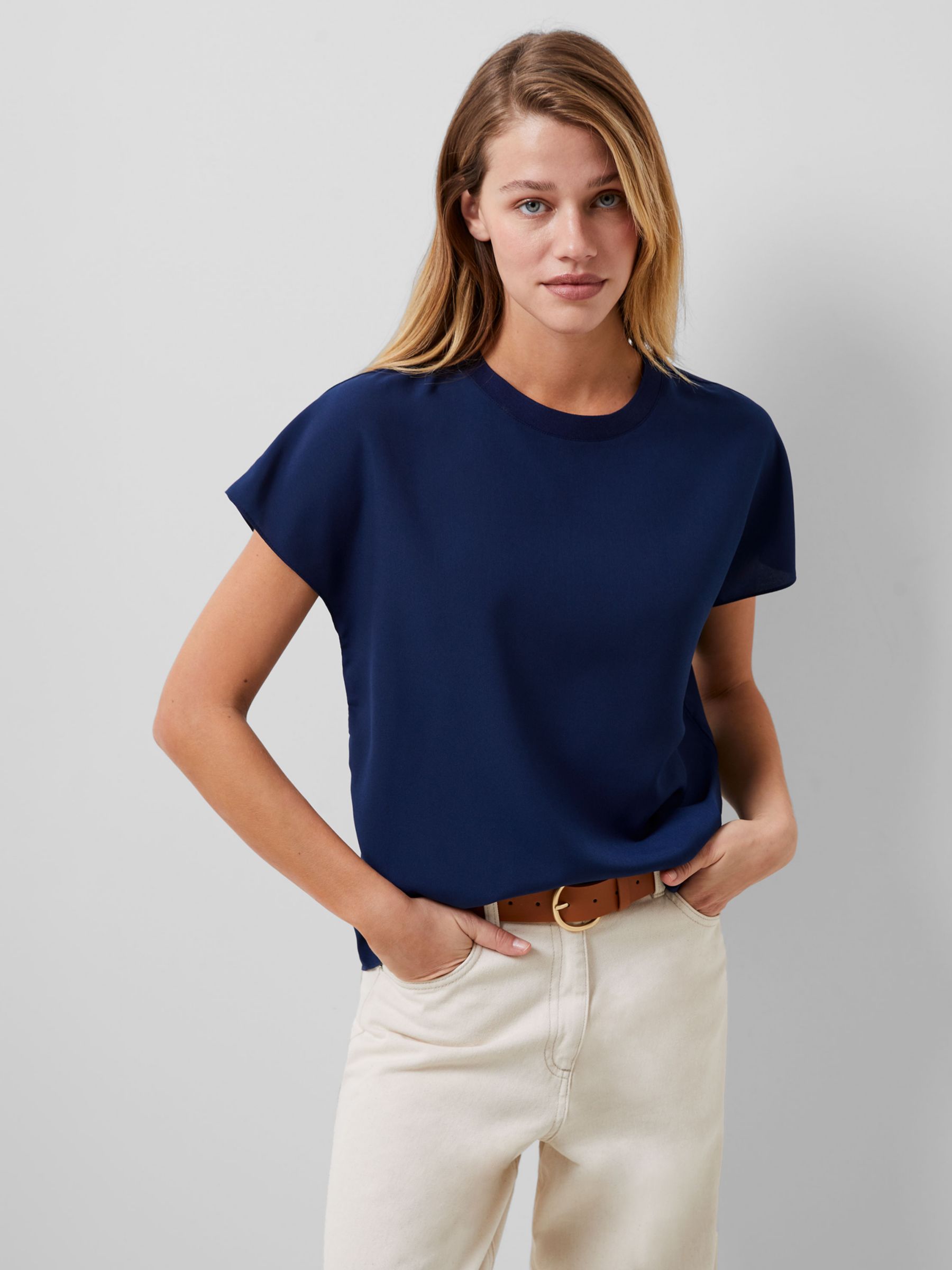 French Connection Light Crepe Crew Neck Top, Midnight Blue