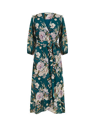 Yumi Floral Wrap Midi Dress, Teal/Multi