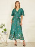 Yumi Animal Safari Satin Midi Shirt Dress, Green/Multi