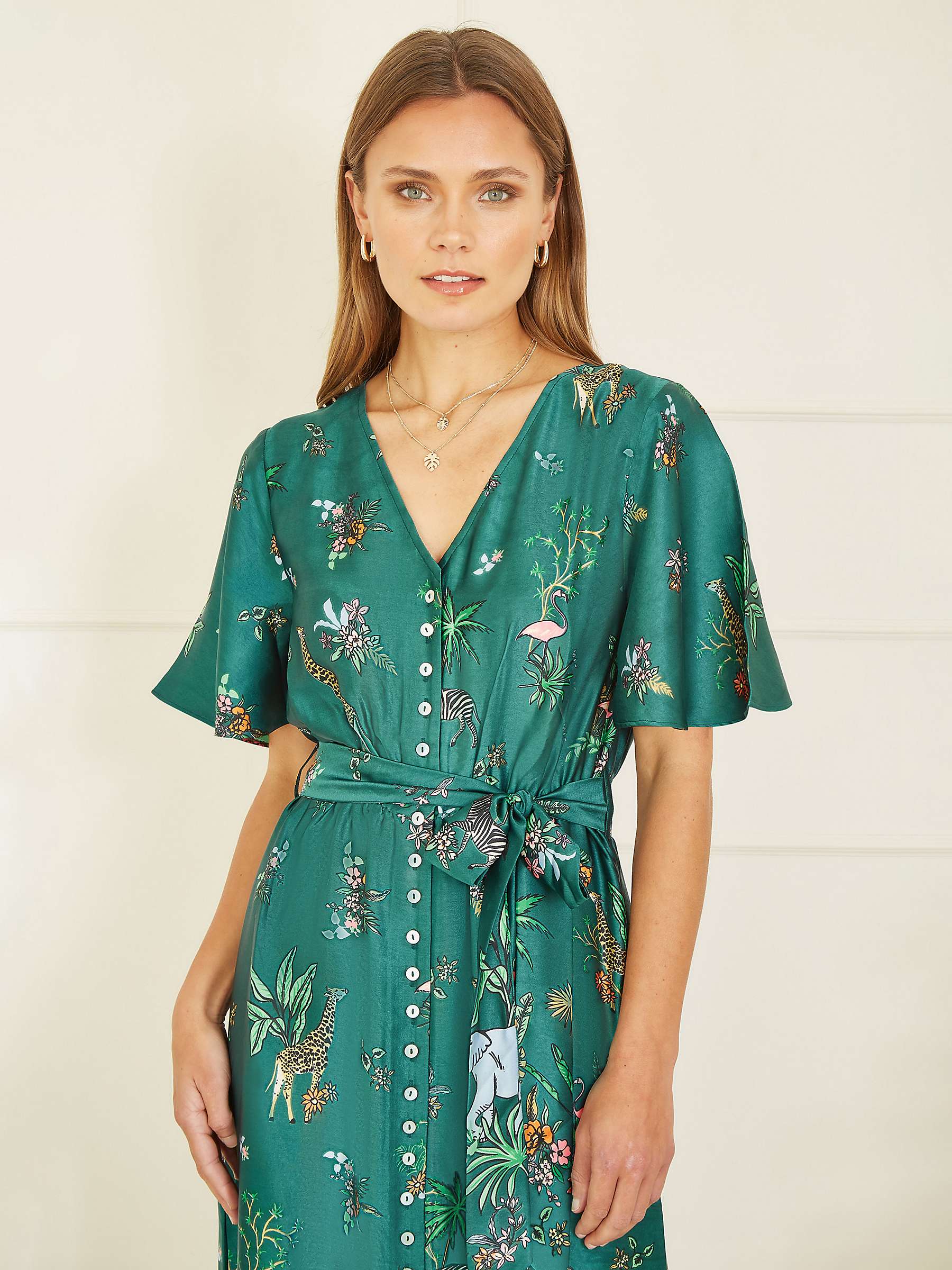 Buy Yumi Animal Safari Satin Midi Shirt Dress, Green/Multi Online at johnlewis.com