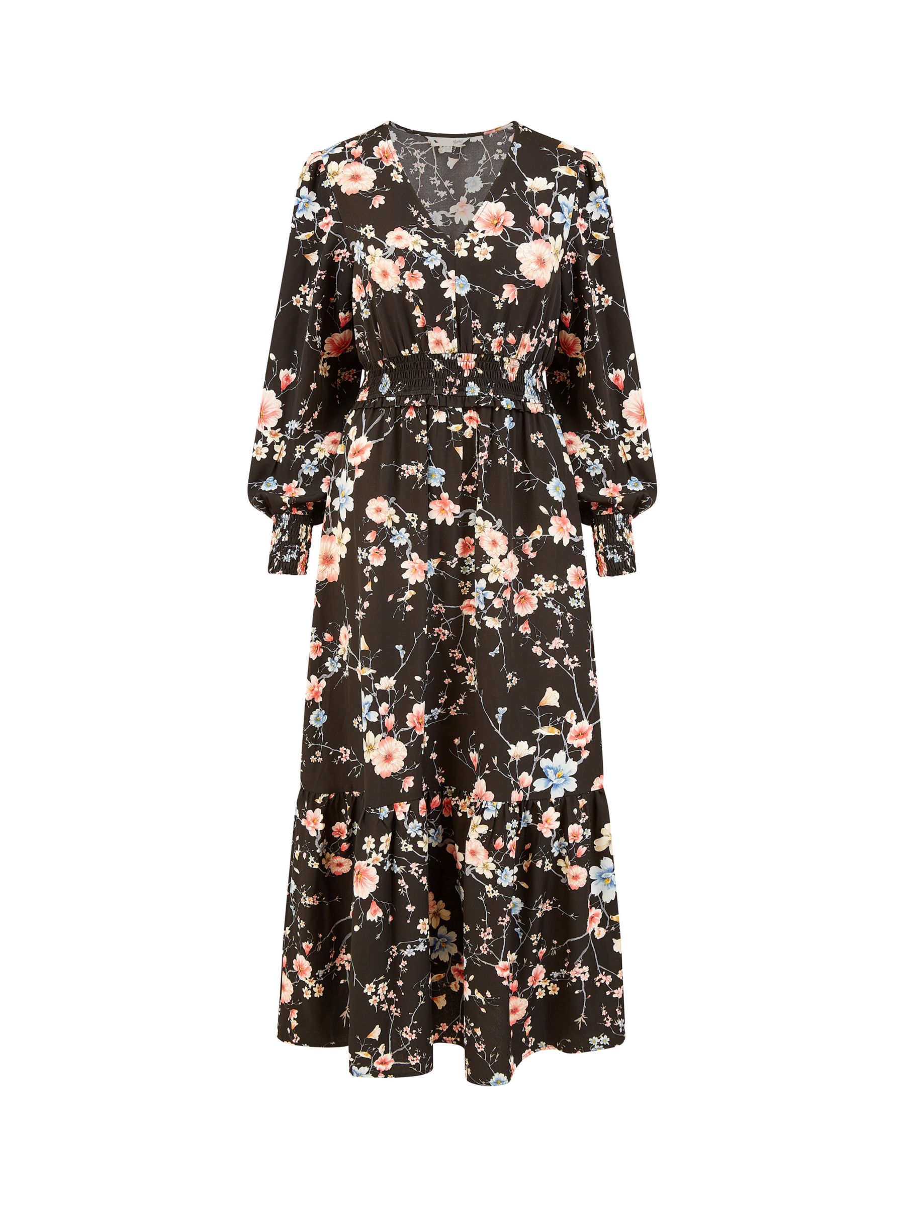 Yumi Blossom Floral Print Midi Dress, Black at John Lewis & Partners