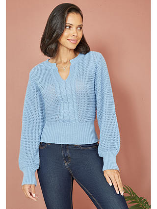 Yumi Balloon Sleeve Cable Knit Jumper, Blue