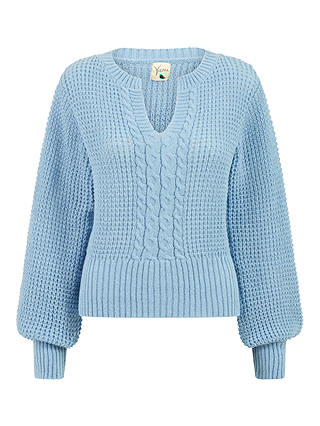 Yumi Balloon Sleeve Cable Knit Jumper, Blue