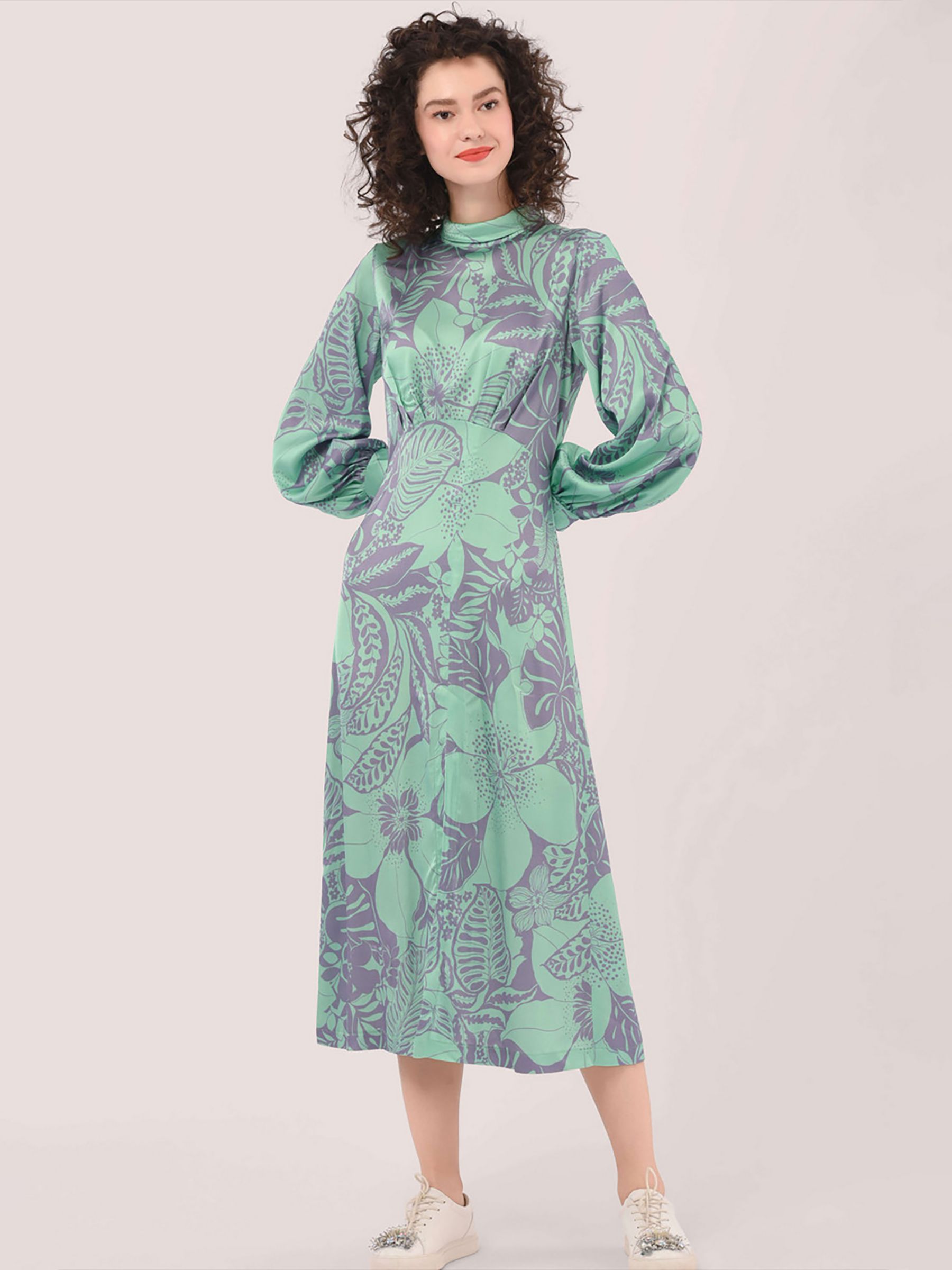 Closet London Floral Print Roll Neck Puff Sleeve Midi Dress, Green/Multi, 6