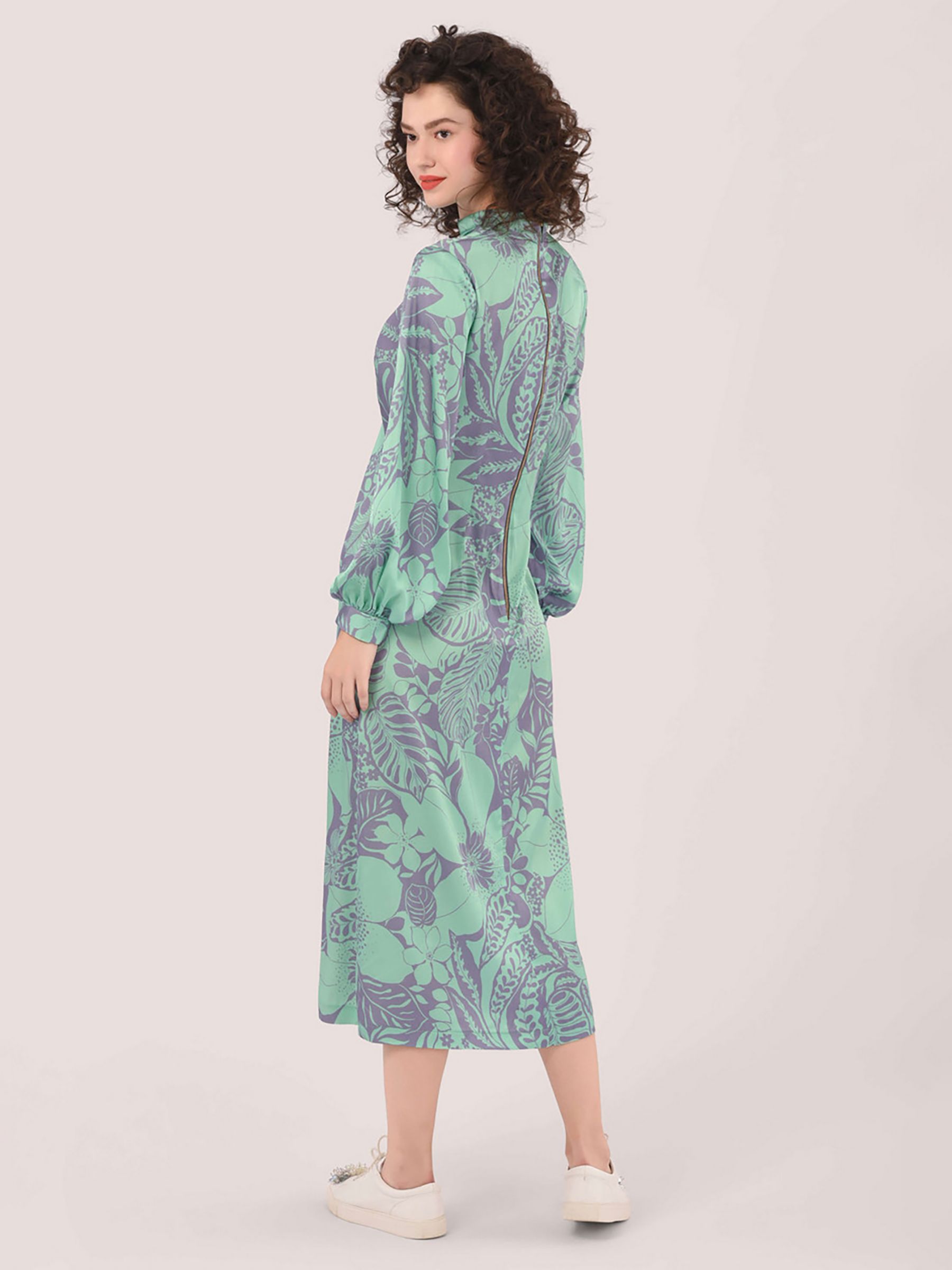 Closet London Floral Print Roll Neck Puff Sleeve Midi Dress, Green/Multi, 6