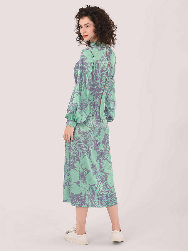 Closet London Floral Print Roll Neck Puff Sleeve Midi Dress, Green/Multi