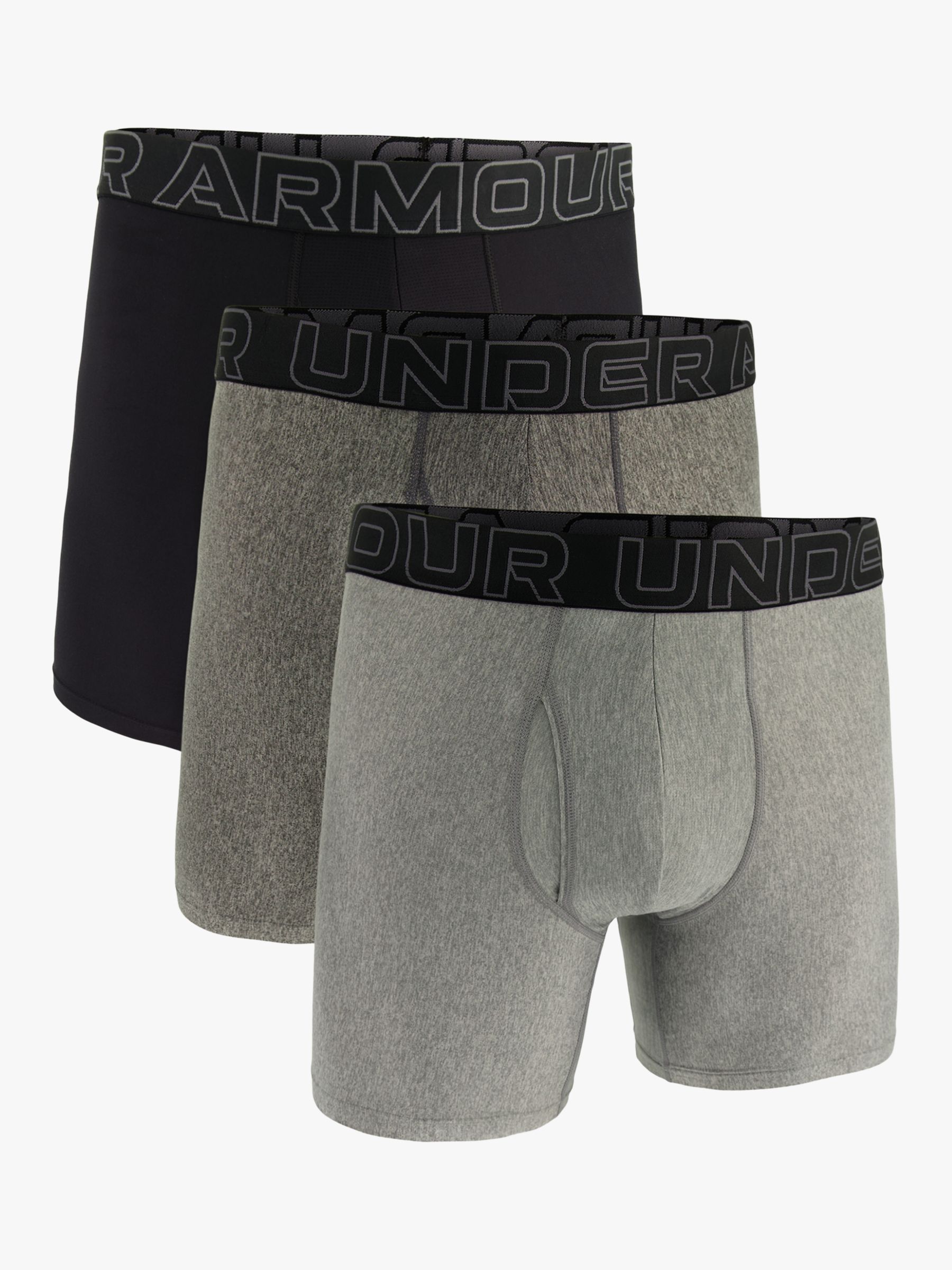 Under Armour Tech 6" Boxers, Pack of 3, Black/Grey/Charcoal, S