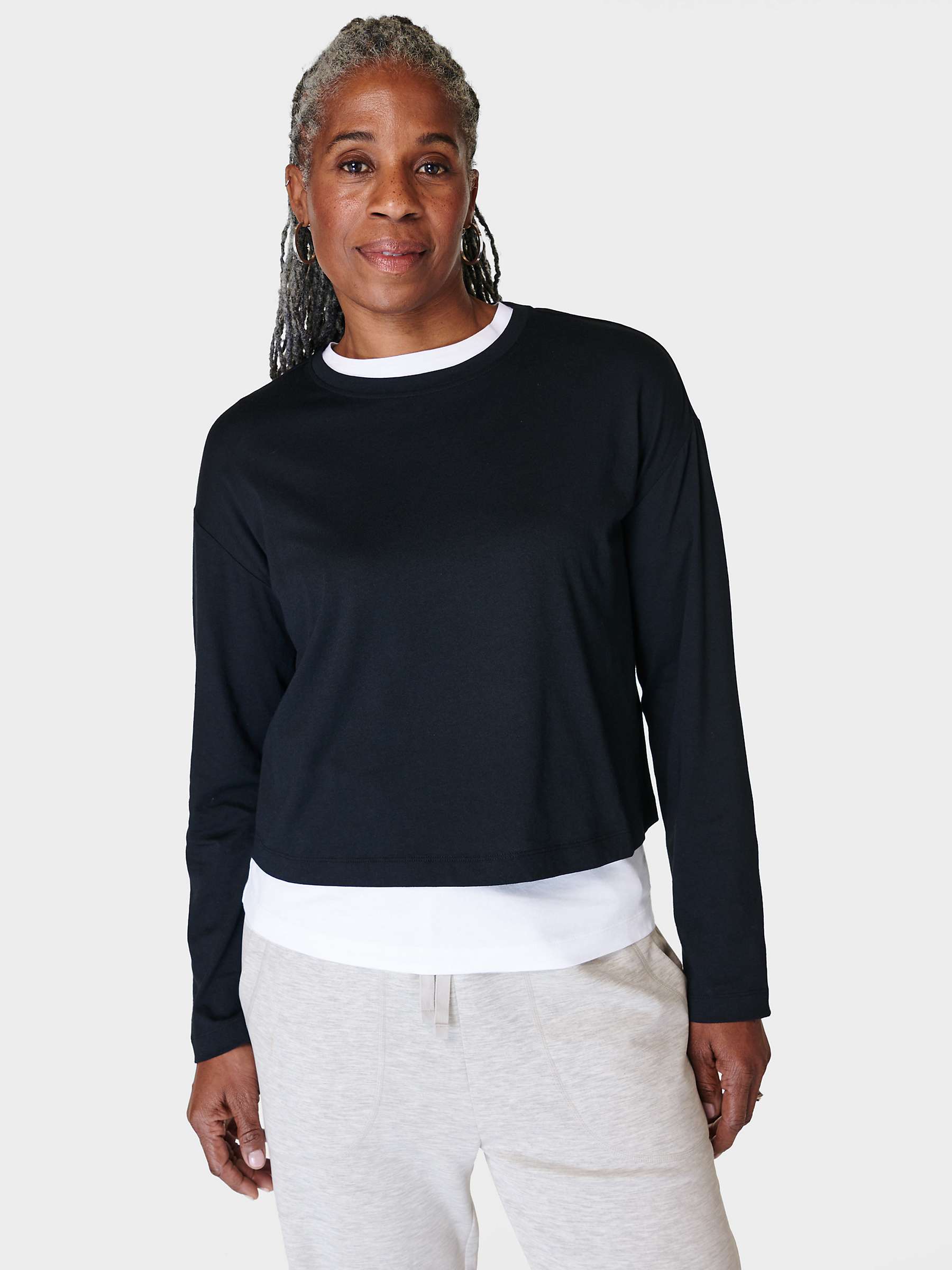 Buy Sweaty Betty Essential Organic Cotton Blend Crop Long Sleeve T-Shirt, Black Online at johnlewis.com