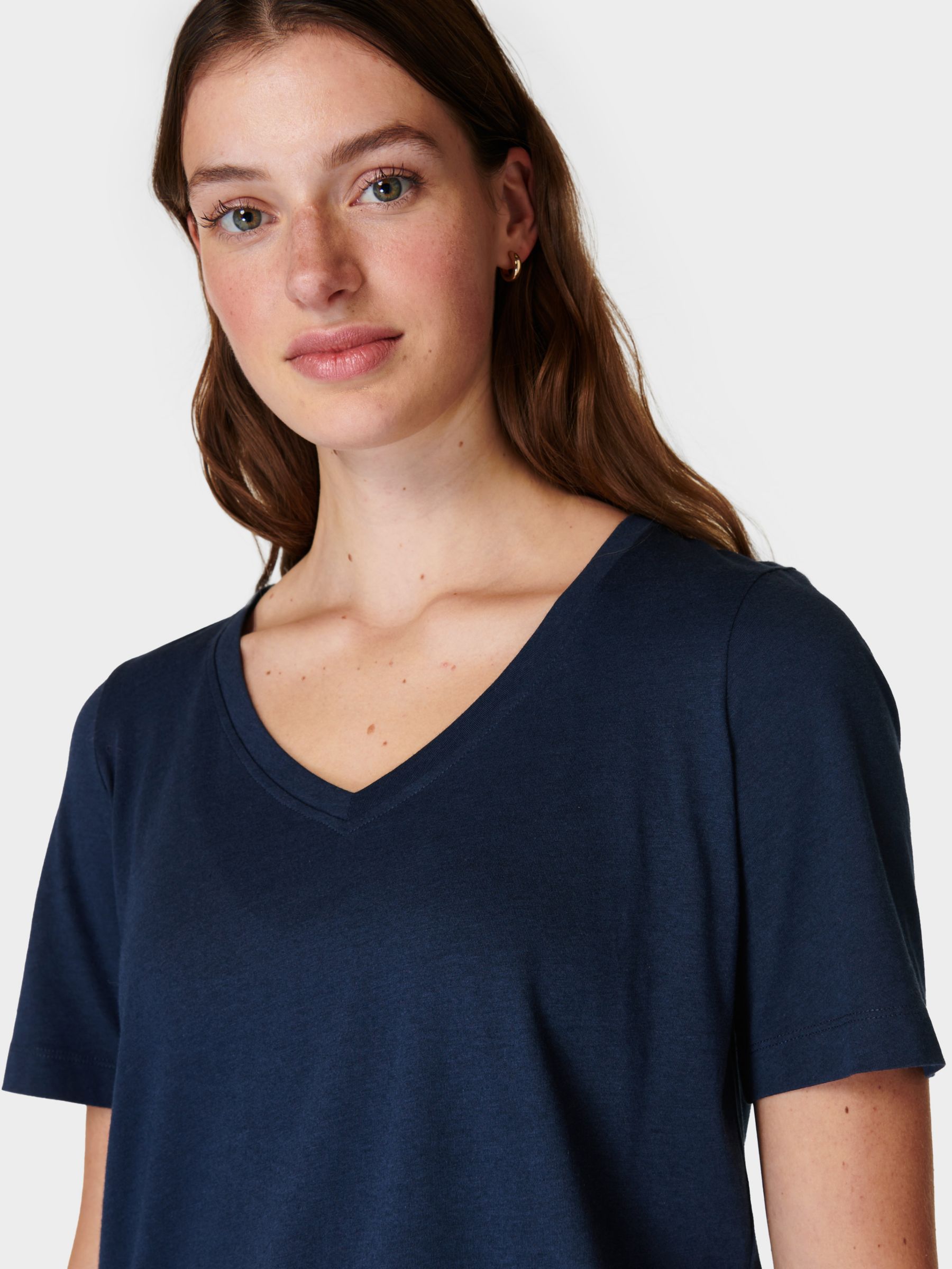 Sweaty Betty Essential Organic Cotton Blend V-Neck T-Shirt, Navy Blue, XXS