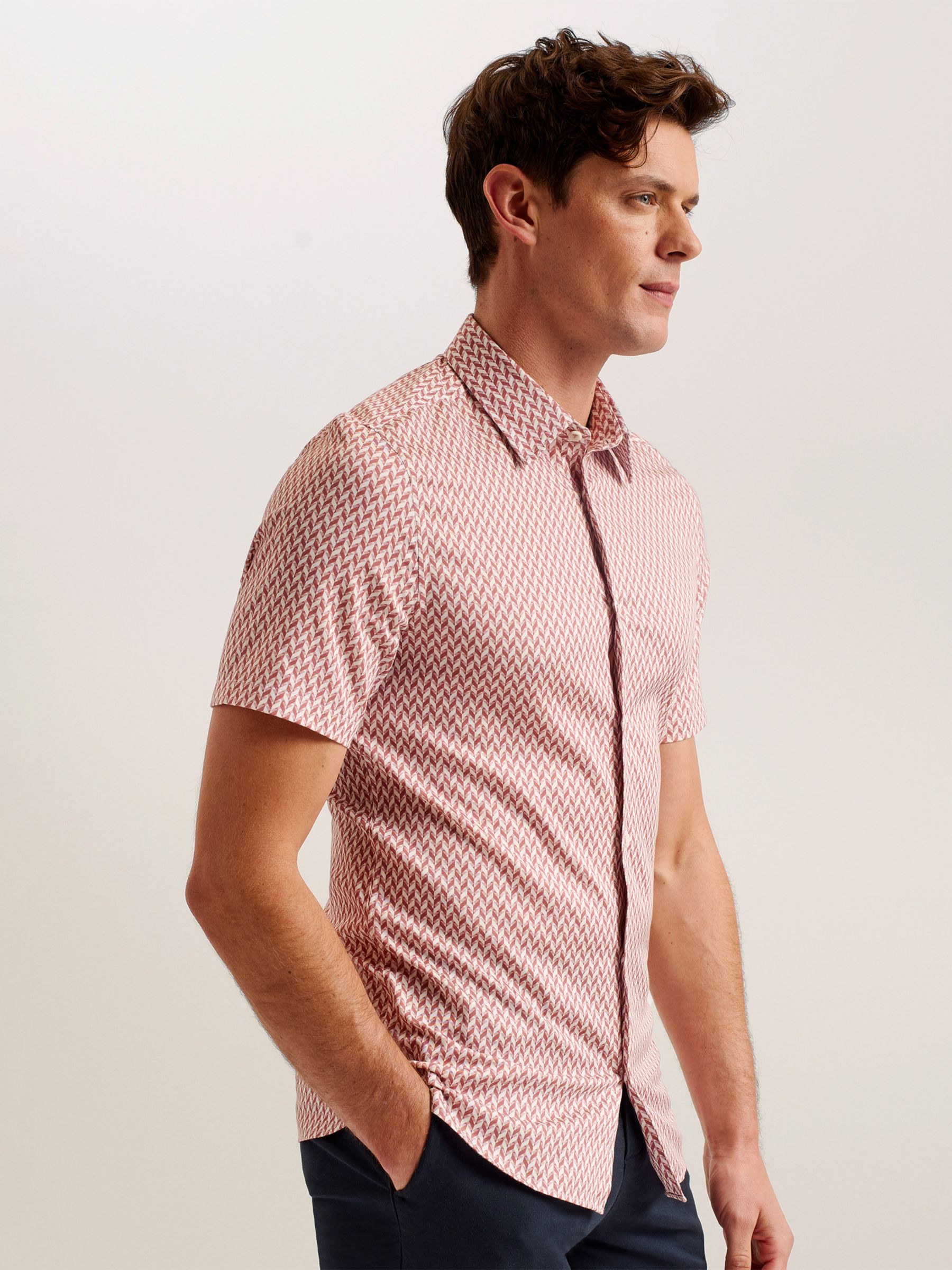 Ted Baker Lacesho Geo Print Short Sleeve Shirt, Pink Mid, XS