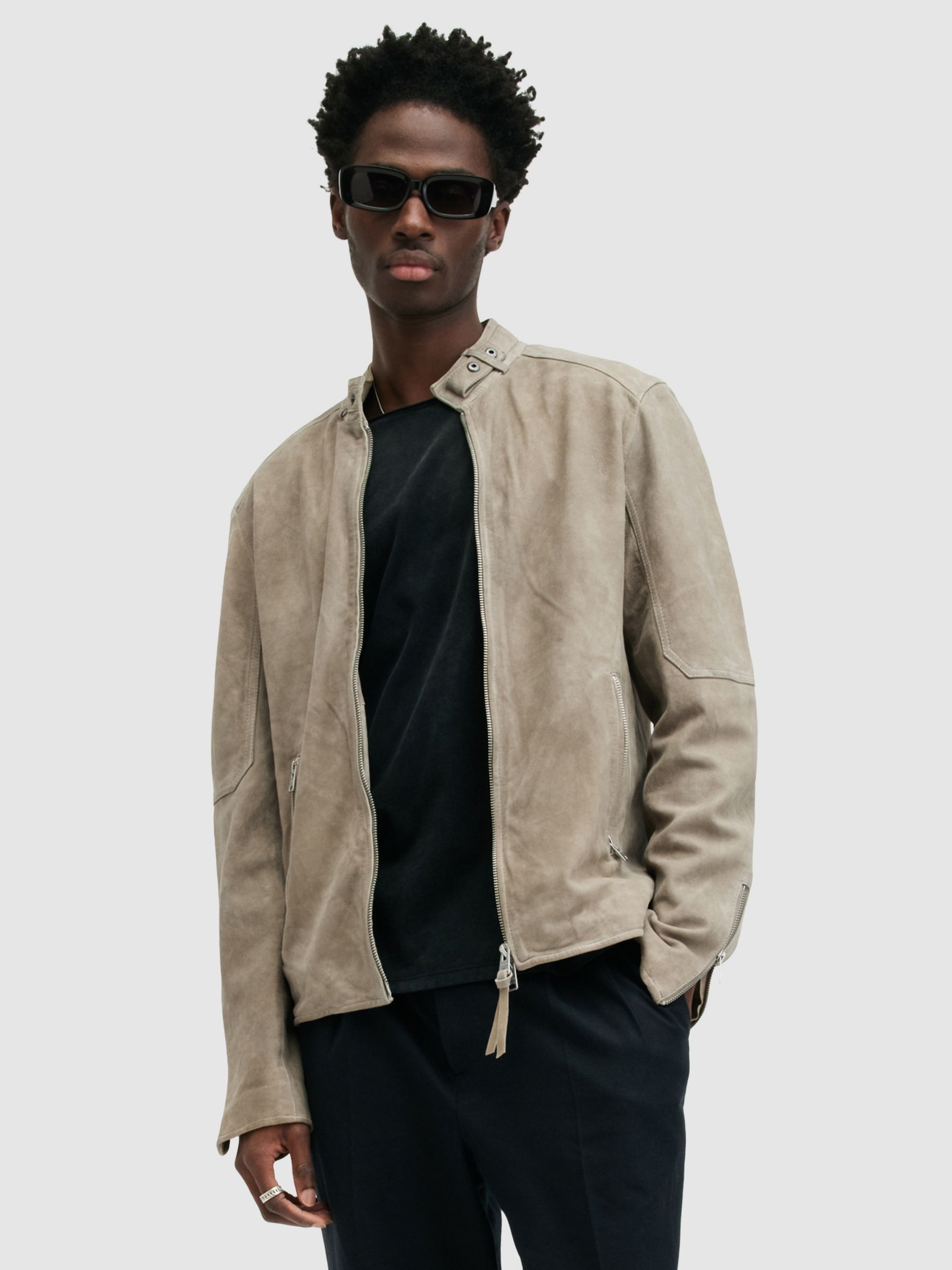 AllSaints Cora Suede Jacket, Frosted Taupe, L