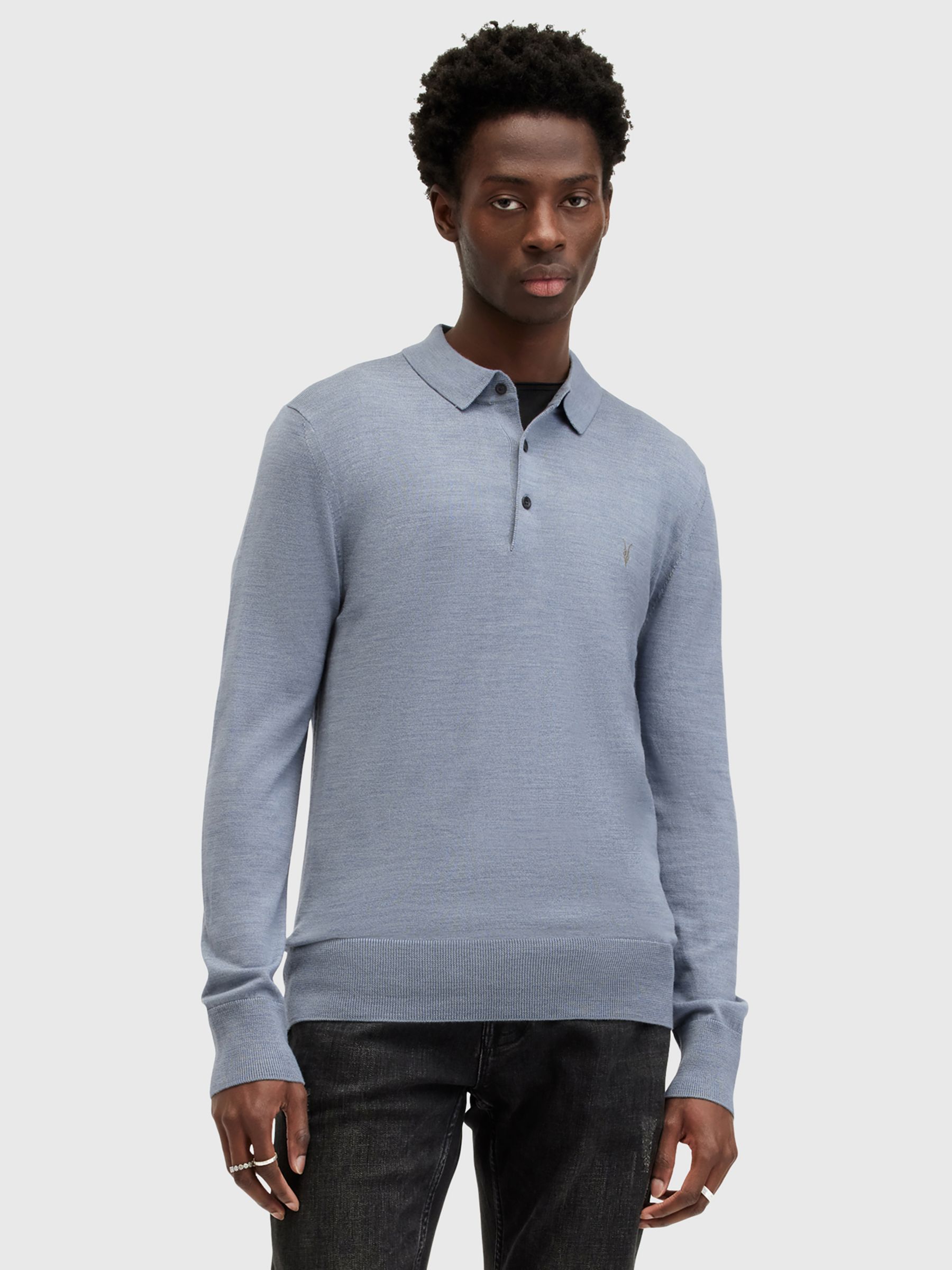 AllSaints Mode Merino Regular Fit Long Sleeve Polo Shirt, Dusty Blue, XXL