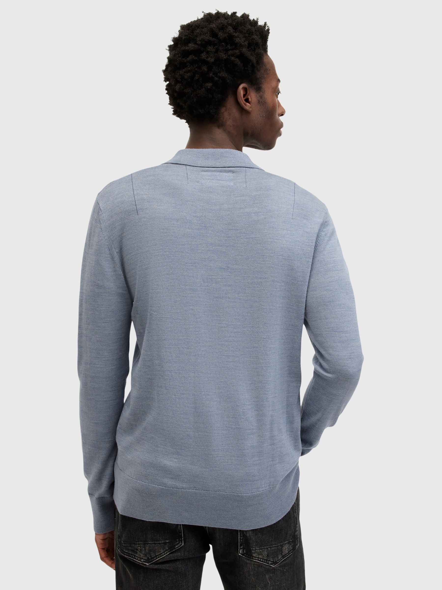 AllSaints Mode Merino Regular Fit Long Sleeve Polo Shirt, Dusty Blue, XXL