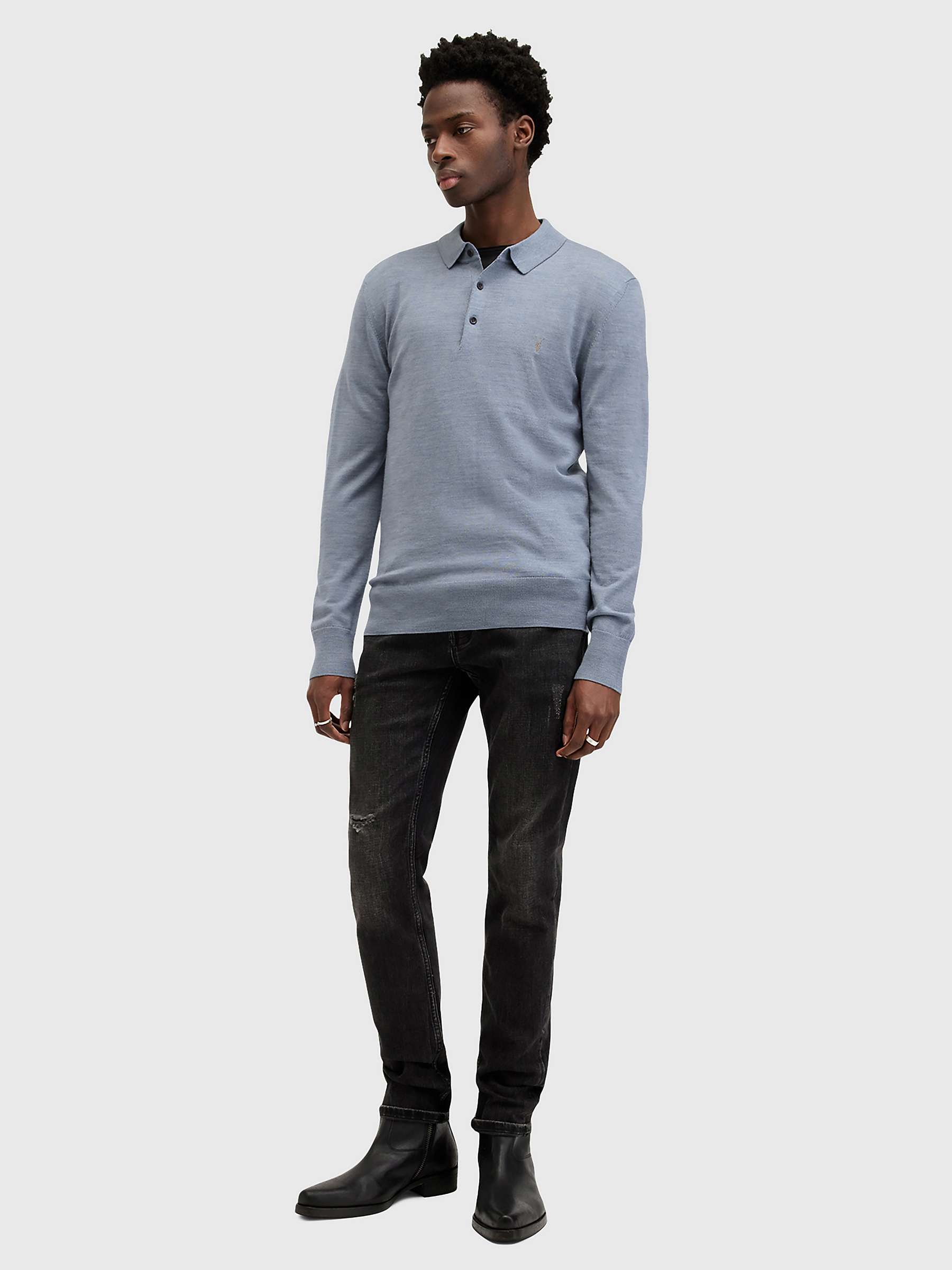 Buy AllSaints Mode Merino Regular Fit Long Sleeve Polo Shirt, Dusty Blue Online at johnlewis.com