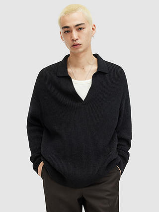 AllSaints Kanyon Organic Cotton Blend Long Sleeve Polo Shirt, Black
