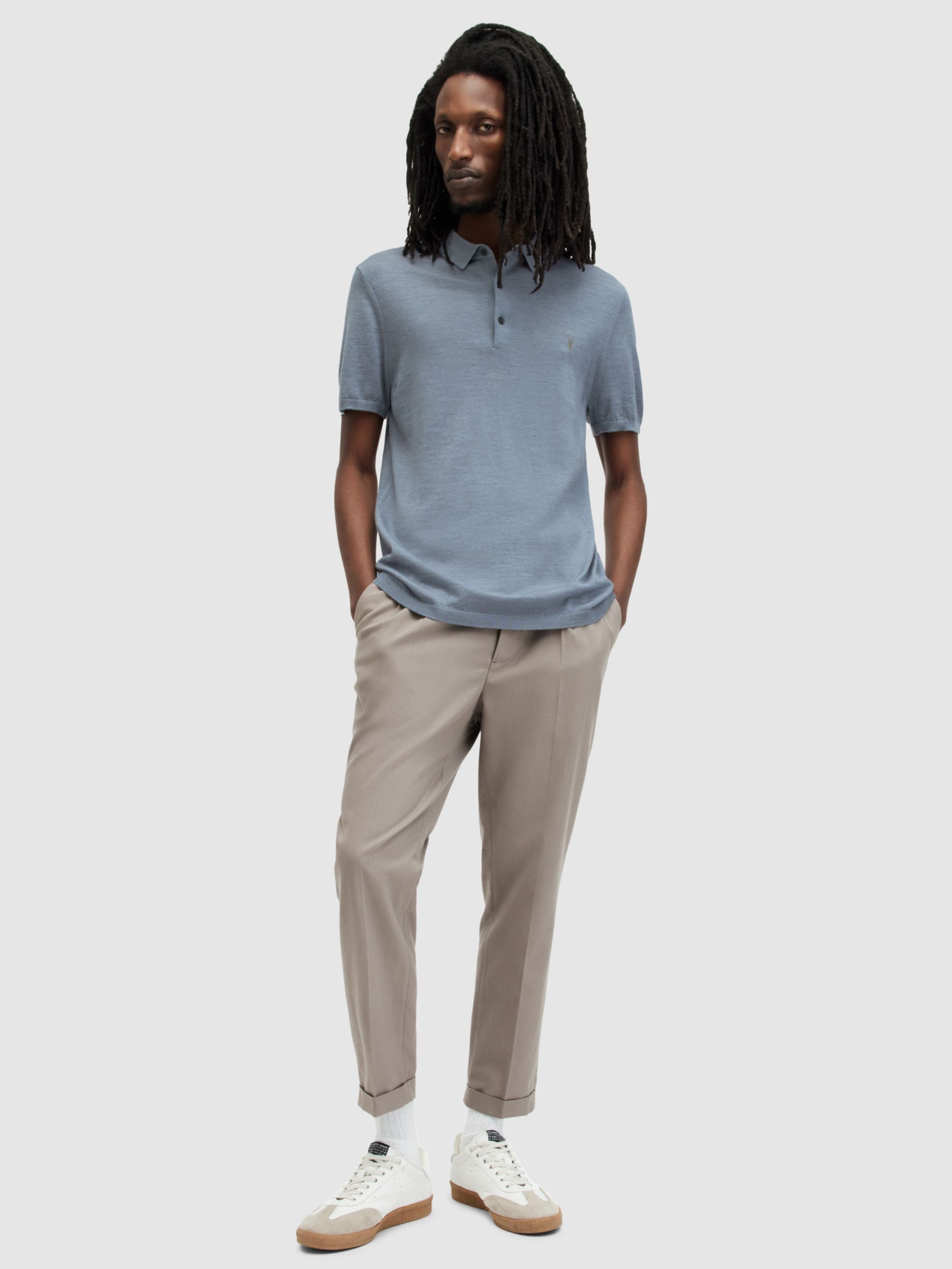 AllSaints Mode Merino Wool Polo Shirt, Dusty Blue, XS