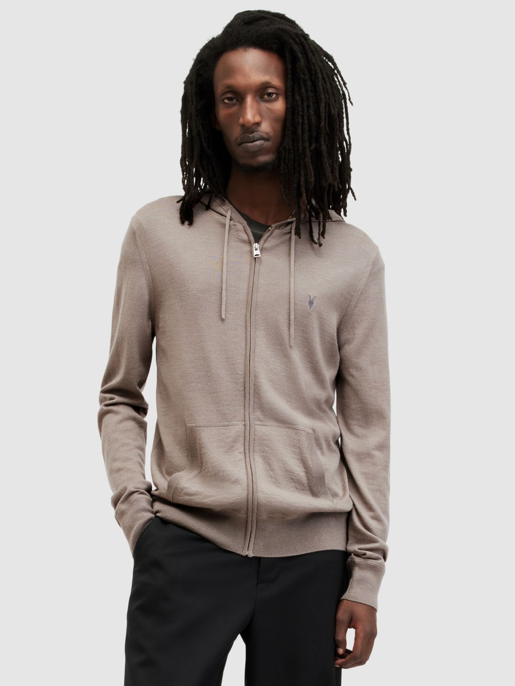 AllSaints Mode Merino Wool Zip Up Hoodie, Chestnut Taupe, XL