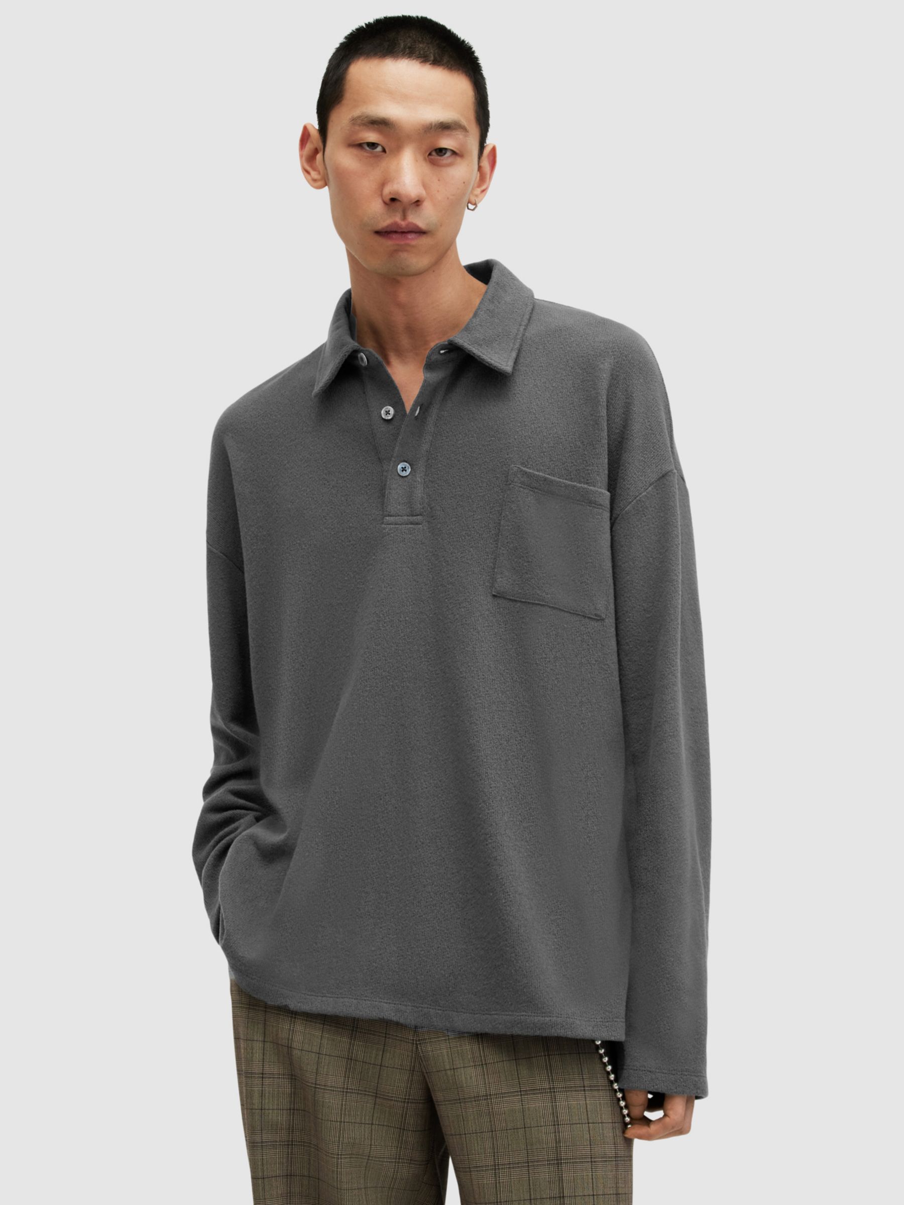 AllSaints Eris Long Sleeve Polo Shirt, Washed Black, L