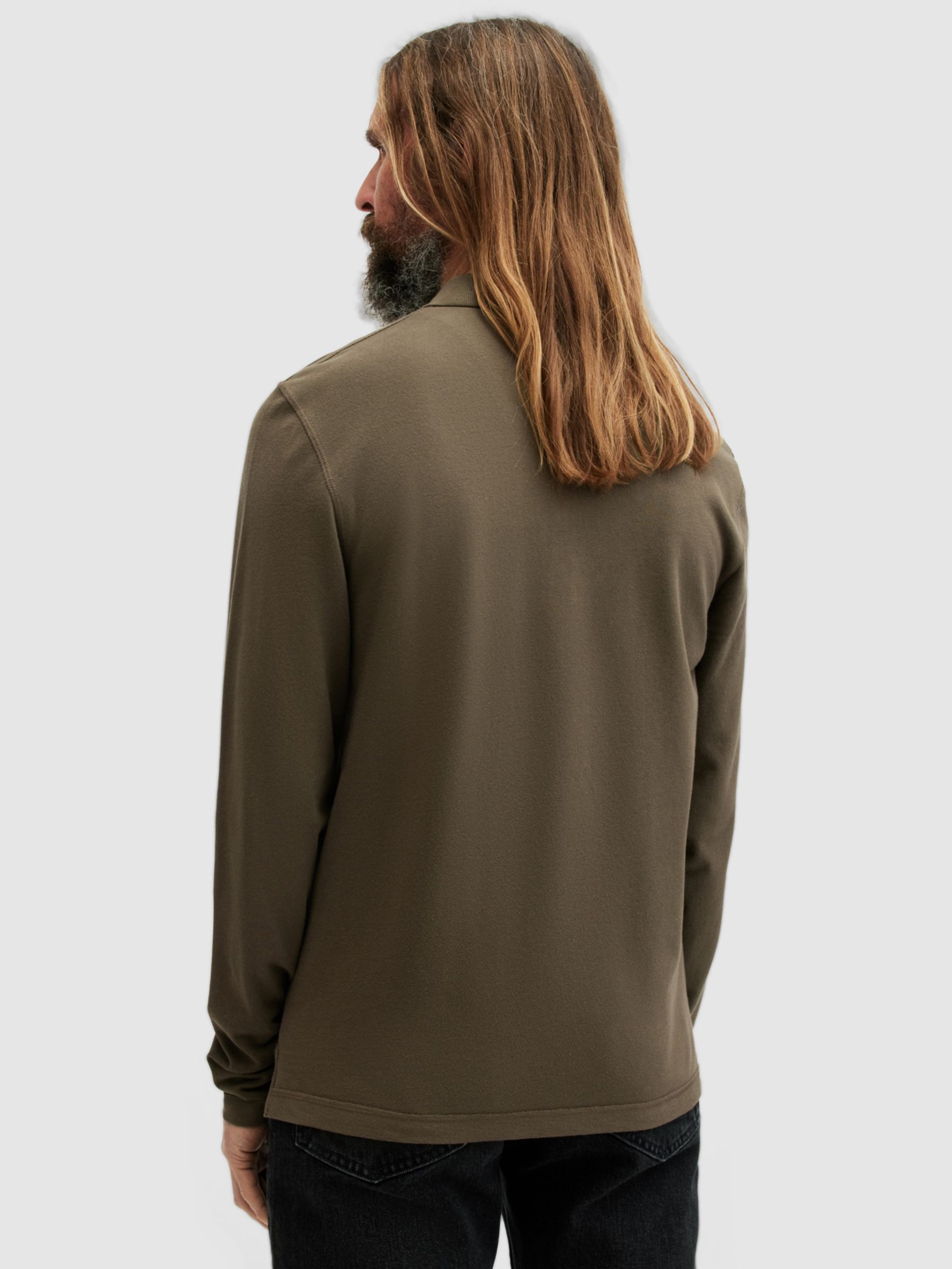 AllSaints Reform Organic Cotton Long Sleeve Polo Top, Ash Khaki Green, XS