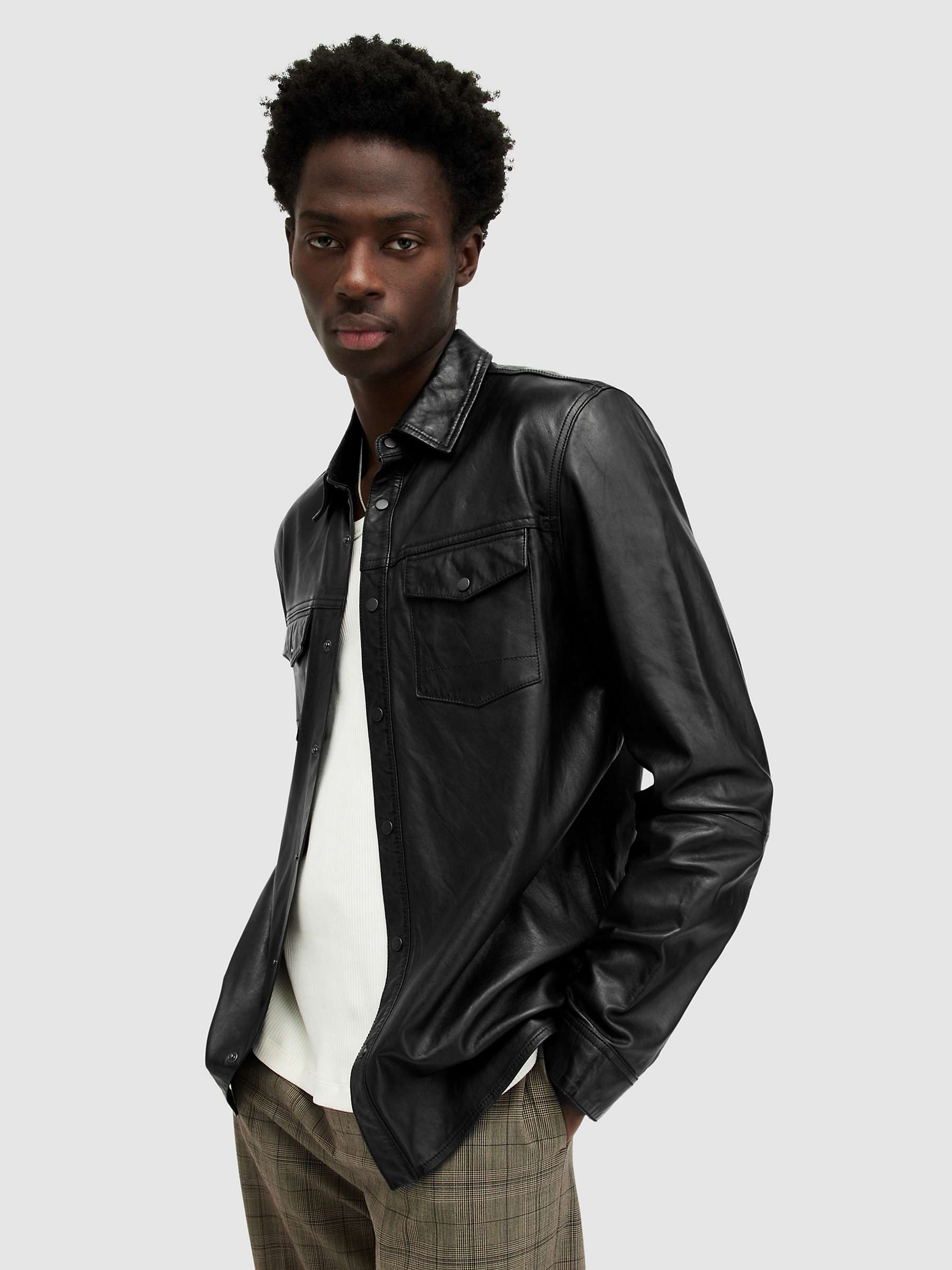 Buy AllSaints Long Sleeve Ethan Leather Shirt, Black Online at johnlewis.com