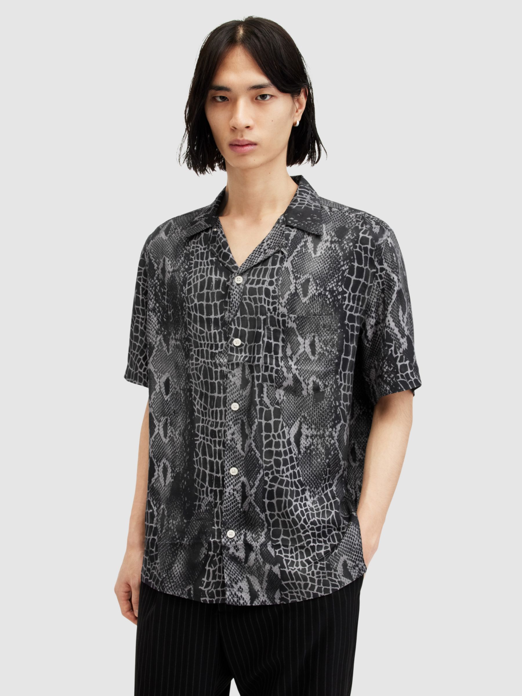 AllSaints Skrale Short Sleeve Shirt, Black/Multi, L
