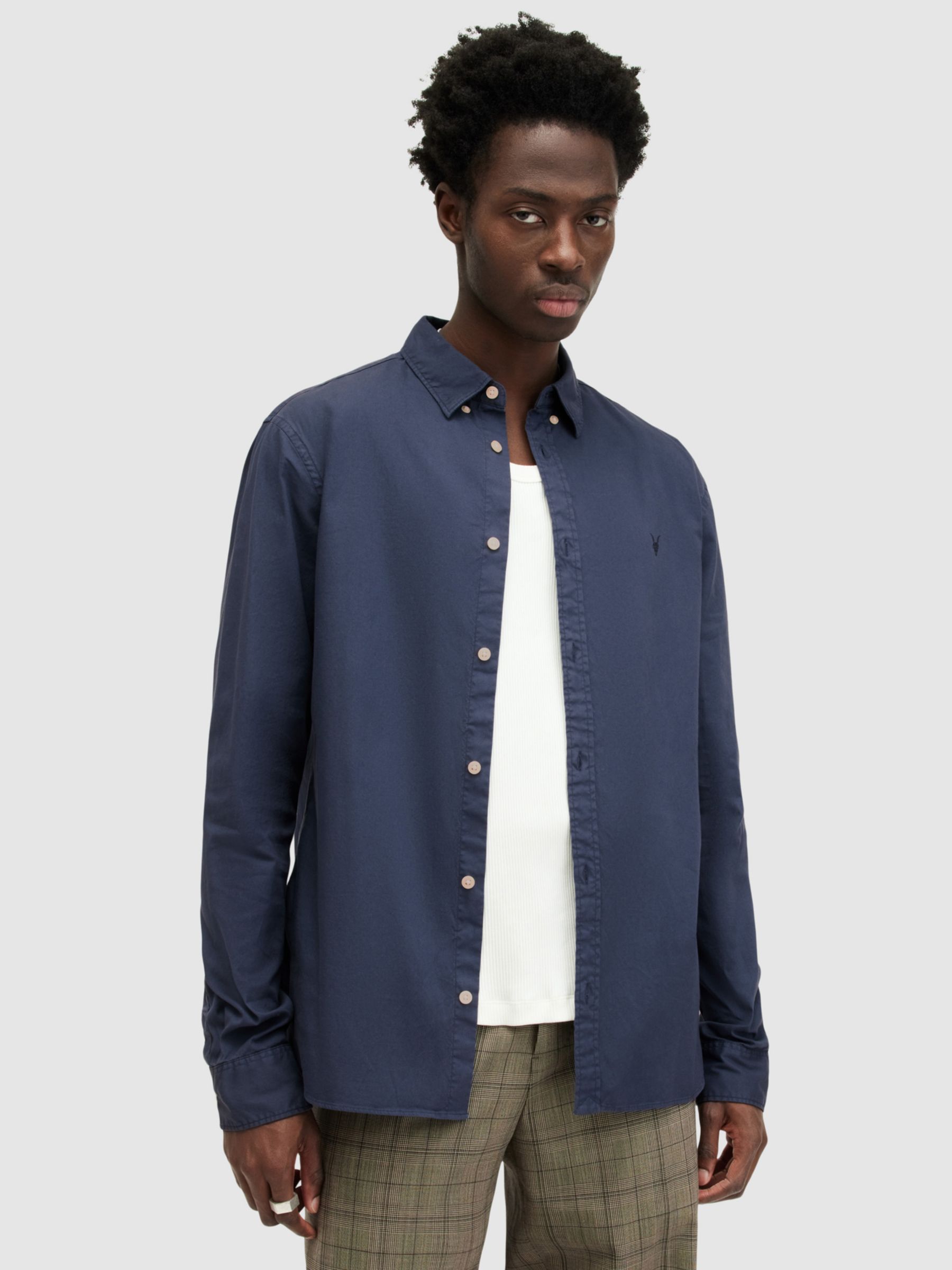 AllSaints Hawthorne Long Sleeve Shirt, Blue at John Lewis & Partners