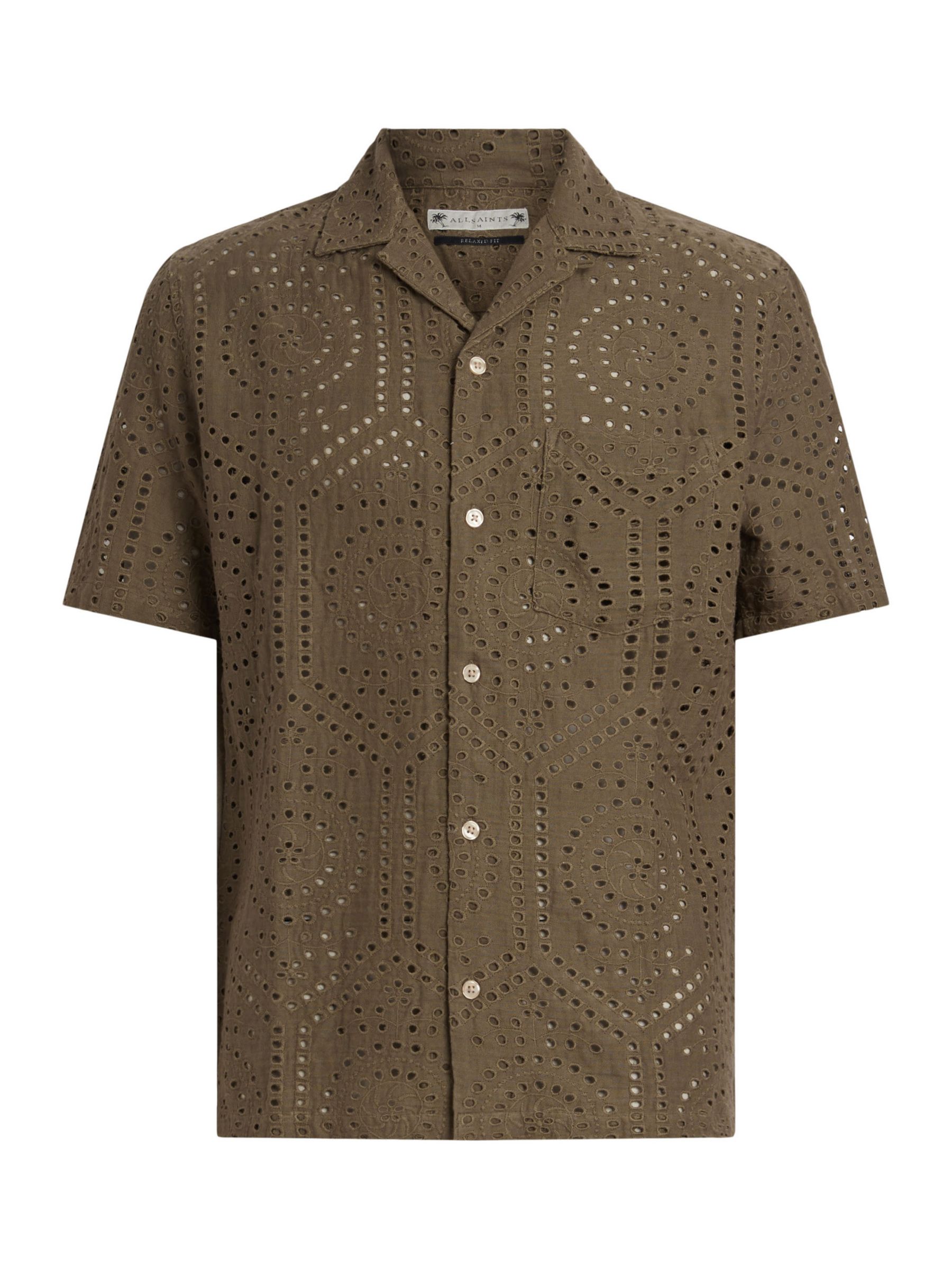 AllSaints Pueblo Short Sleeve Broderie Shirt, Ash Khaki Green, L