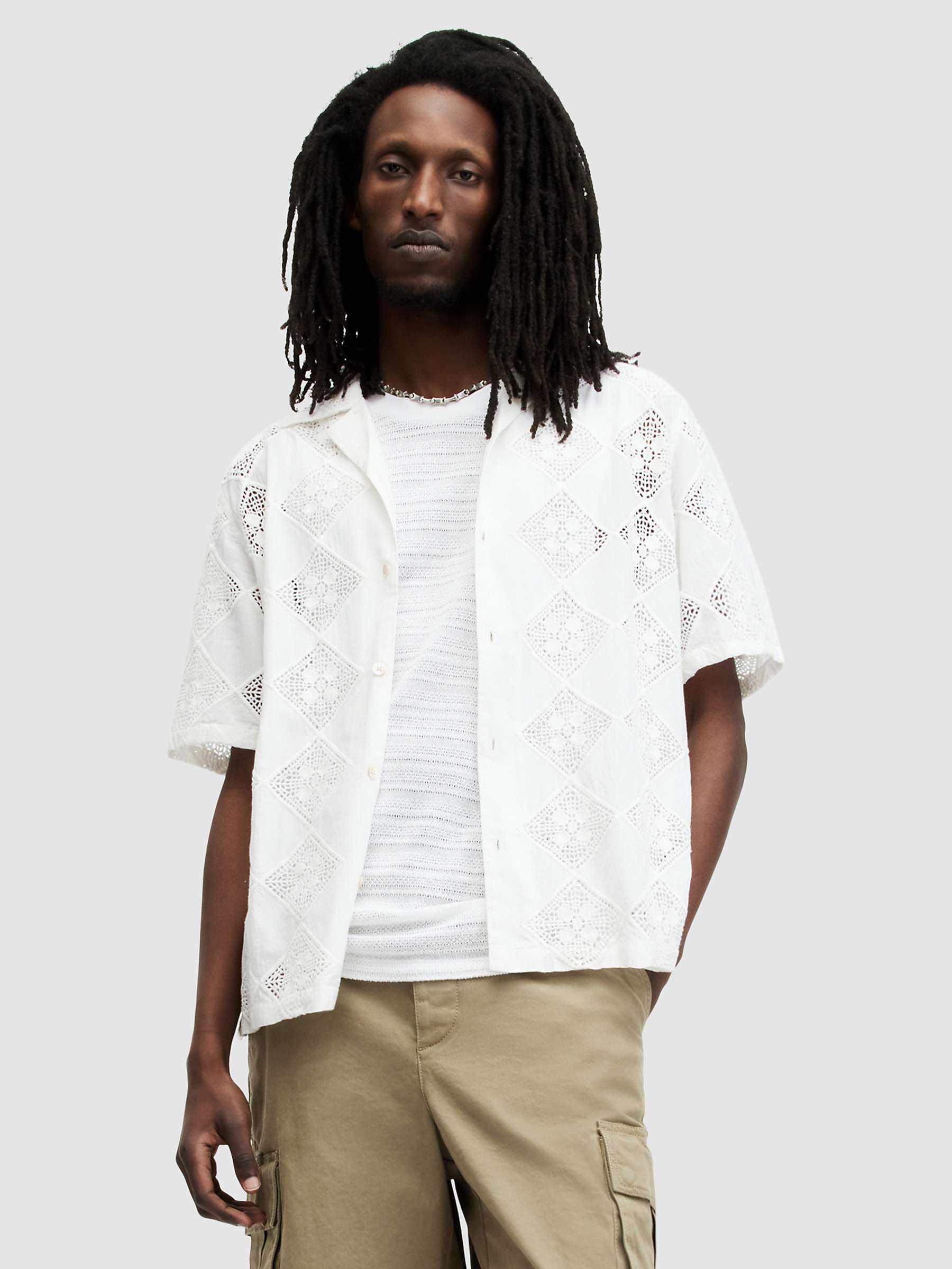 Buy AllSaints Vista Organic Cotton Short Sleeve Embroided Shirt, Oatmeal White Online at johnlewis.com