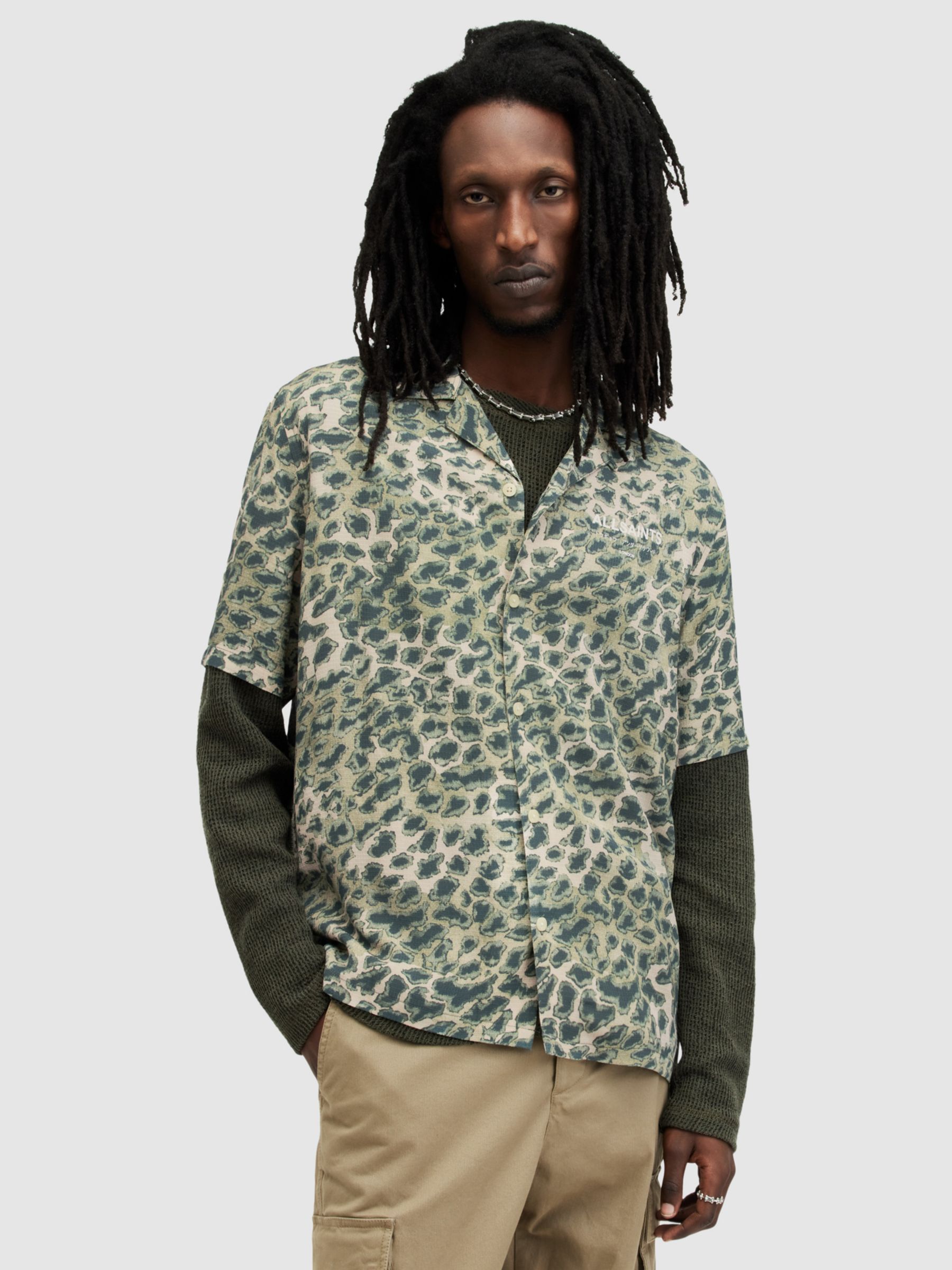 AllSaints Underground CM Short Sleeve Shirt, Green/Multi, XXL