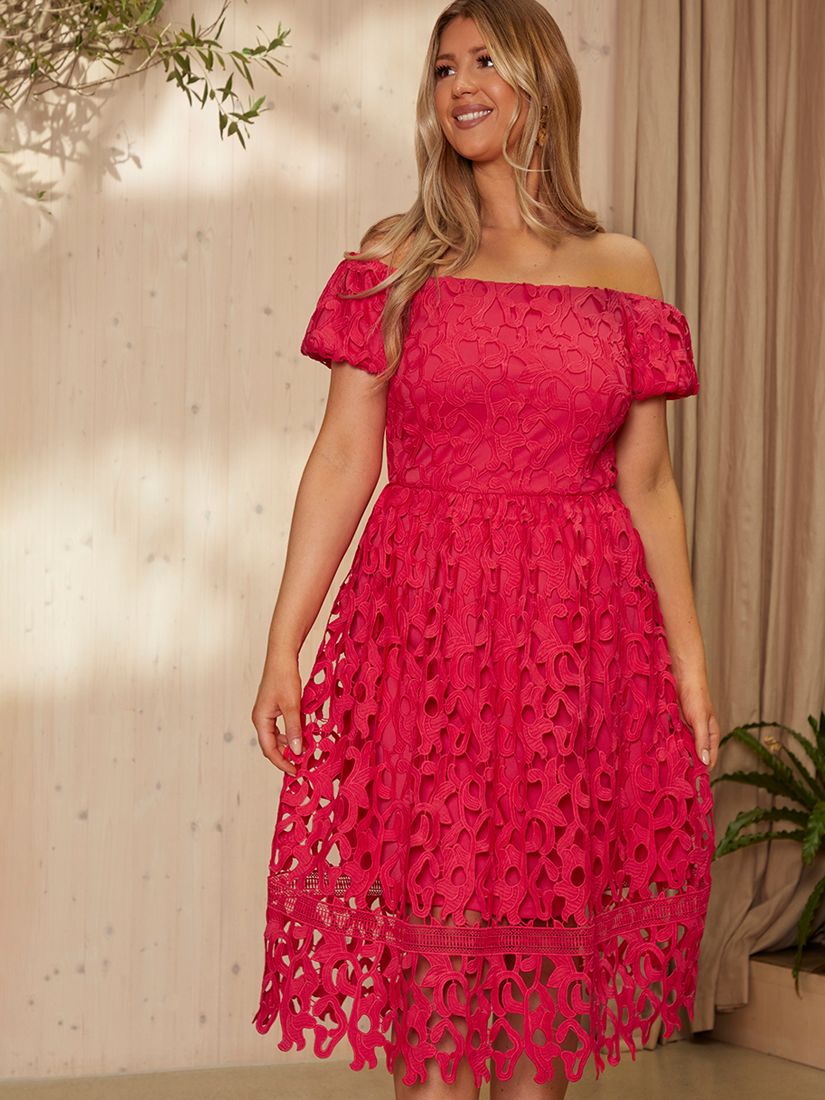 Chi Chi London Lace Bardot Midi Dress, Pink, 8