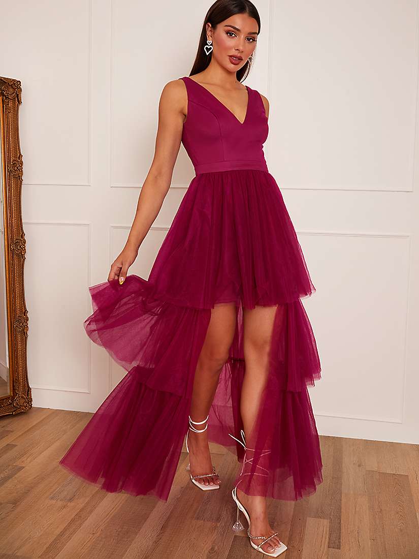 Buy Chi Chi London Tulle Dip Hem Tiered Dress, Berry Online at johnlewis.com