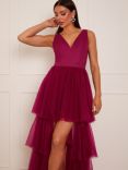Chi Chi London Tulle Dip Hem Tiered Dress, Berry