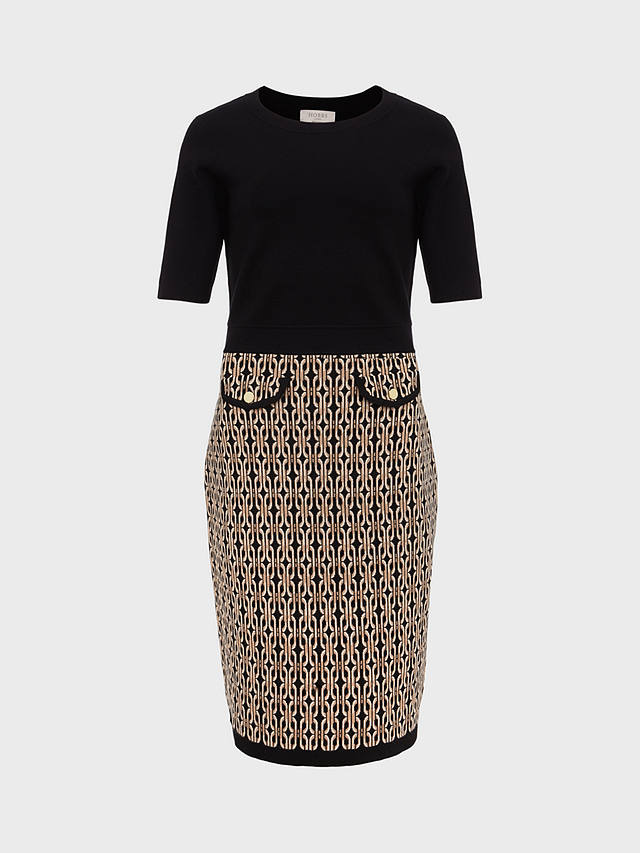 Hobbs Perrie Abstract Print Knitted Dress, Black/Camel