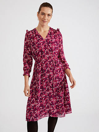 Hobbs Petite Elaina Leaf Print Dress, Purple/Multi