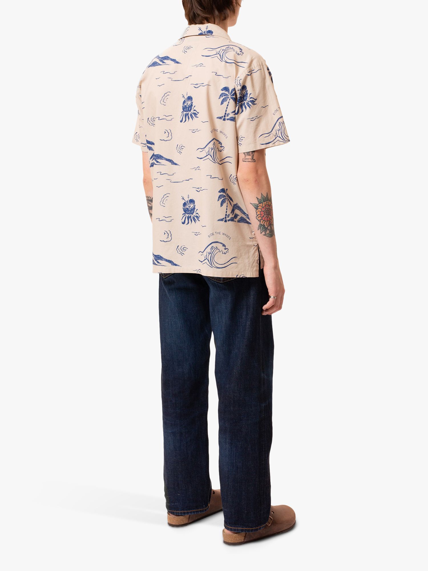 Nudie Jeans Arvid Waves Short Sleeve Shirt, Ecru/Multi, L
