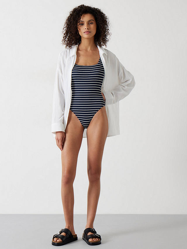 HUSH Lola Stripe Ribbed Swimsuit, Navy/White
