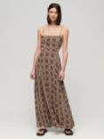Superdry Sheered Back Geometric Print Maxi Dress, Brown/Multi, Brown/Multi
