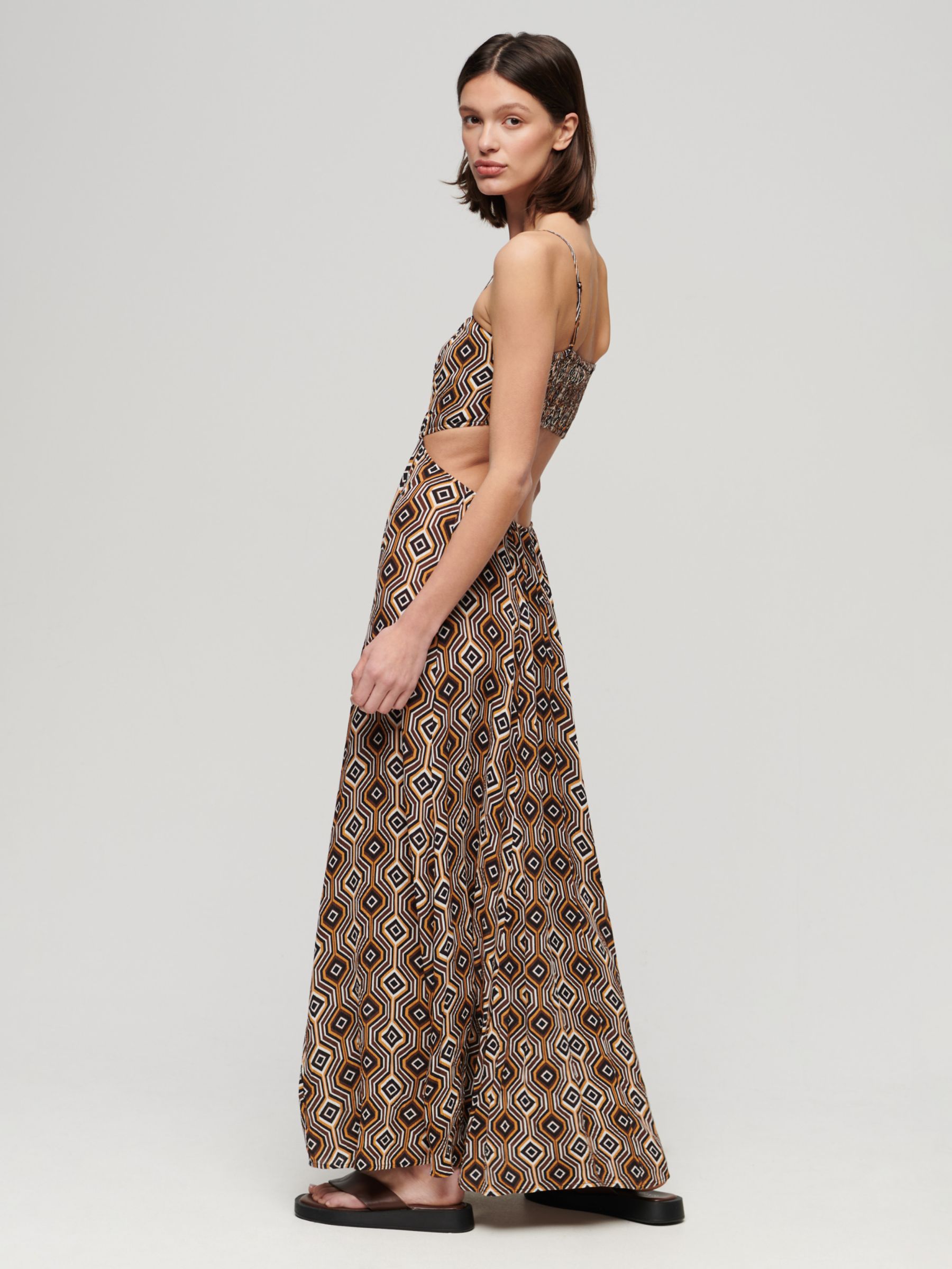 Superdry Sheered Back Geometric Print Maxi Dress, Brown/Multi, 12