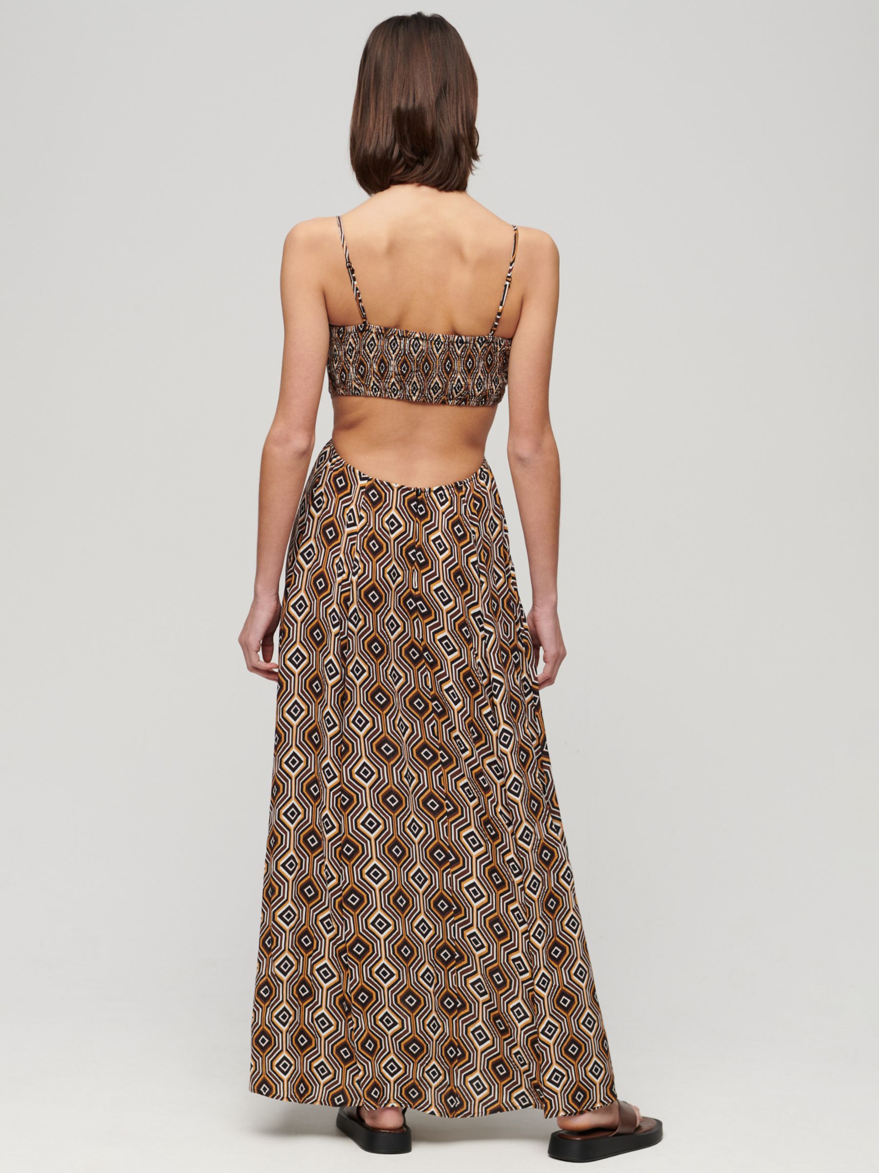 Superdry Sheered Back Geometric Print Maxi Dress, Brown/Multi, 12
