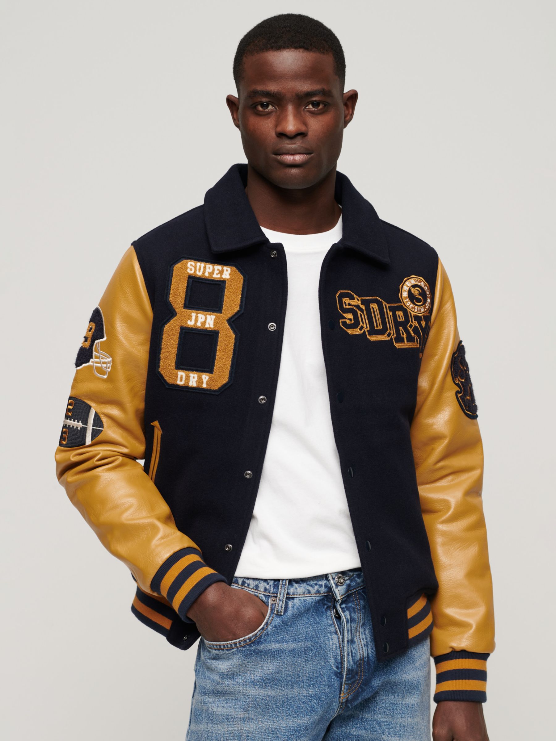 Superdry Collared Patched Bomber Jacket, Navy/Multi at John Lewis ...