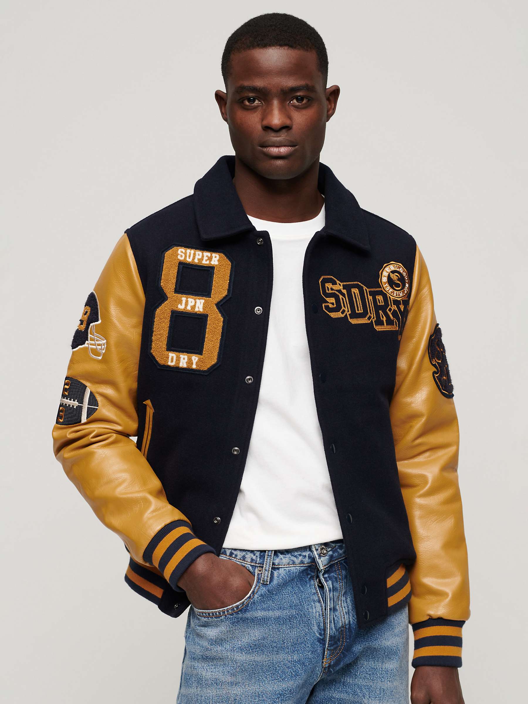 Buy Superdry Collared Patched Bomber Jacket, Navy/Multi Online at johnlewis.com