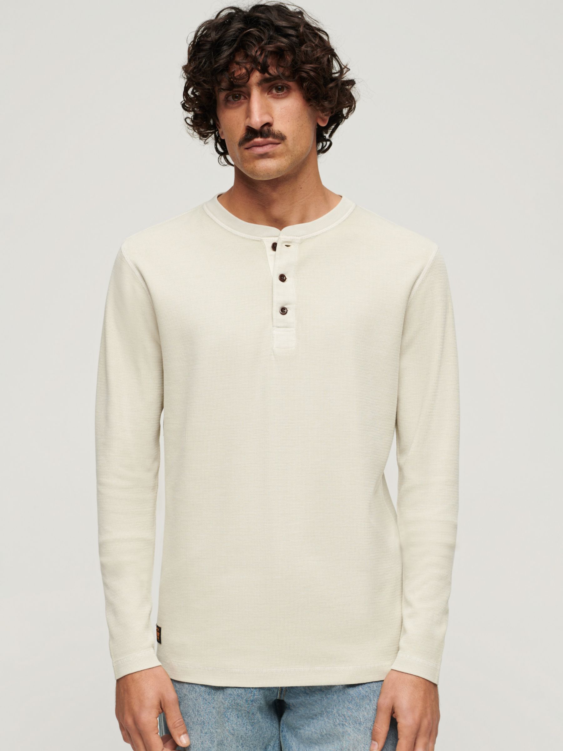 Superdry Relaxed Fit Waffle Cotton Henley Top, Light Stone Beige at ...